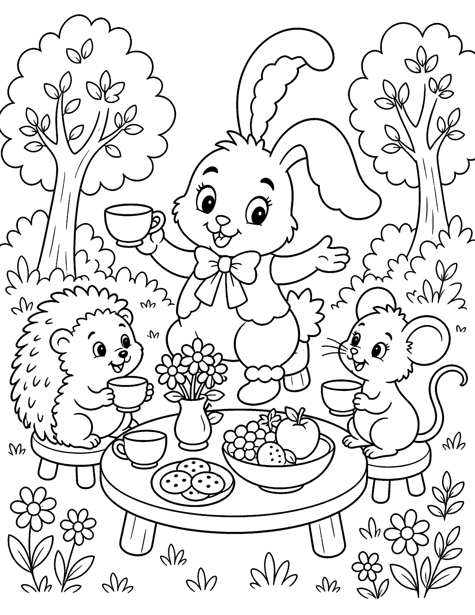 Original Bunny Friends Tea Party Original fantasy bunny shares tea and fruit with a hedgehog and long-tailed mouse outdoors.