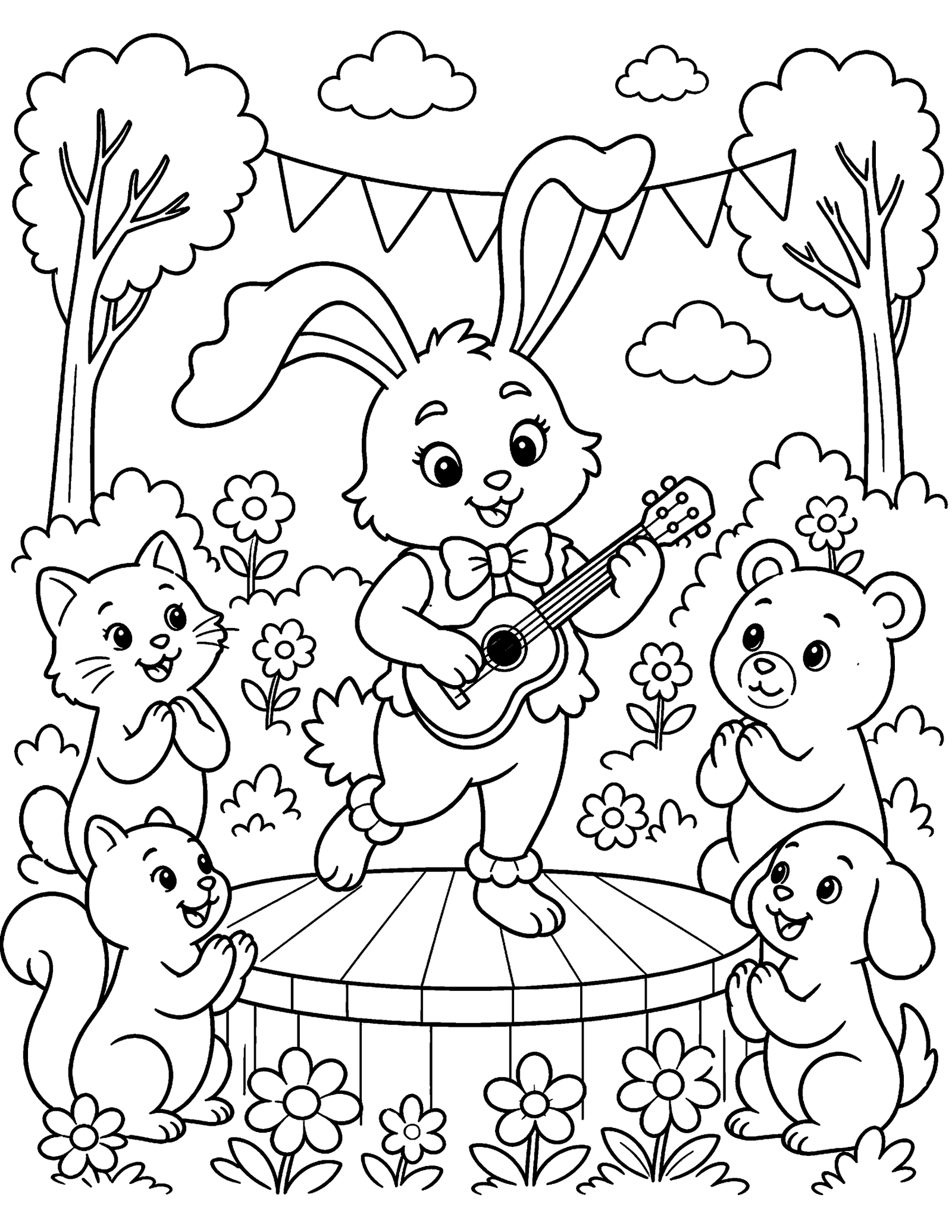 Original Bunny's Outdoor Music Show Original fantasy bunny plays a small guitar while original animal friends clap beside a garden stage.