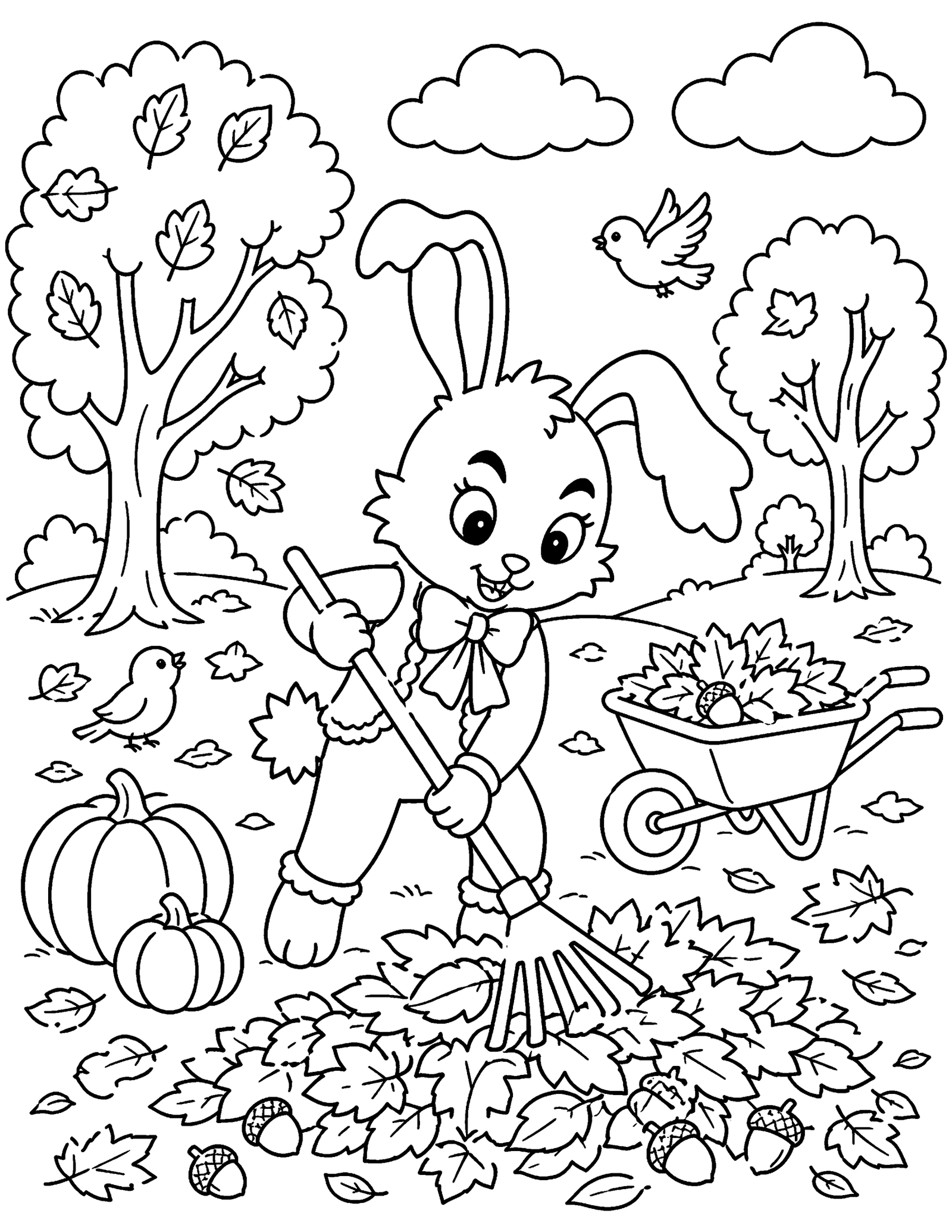 Original Bunny Raking Autumn Leaves Original fantasy bunny rakes a large leaf pile beside pumpkins, a wheelbarrow, and autumn trees.