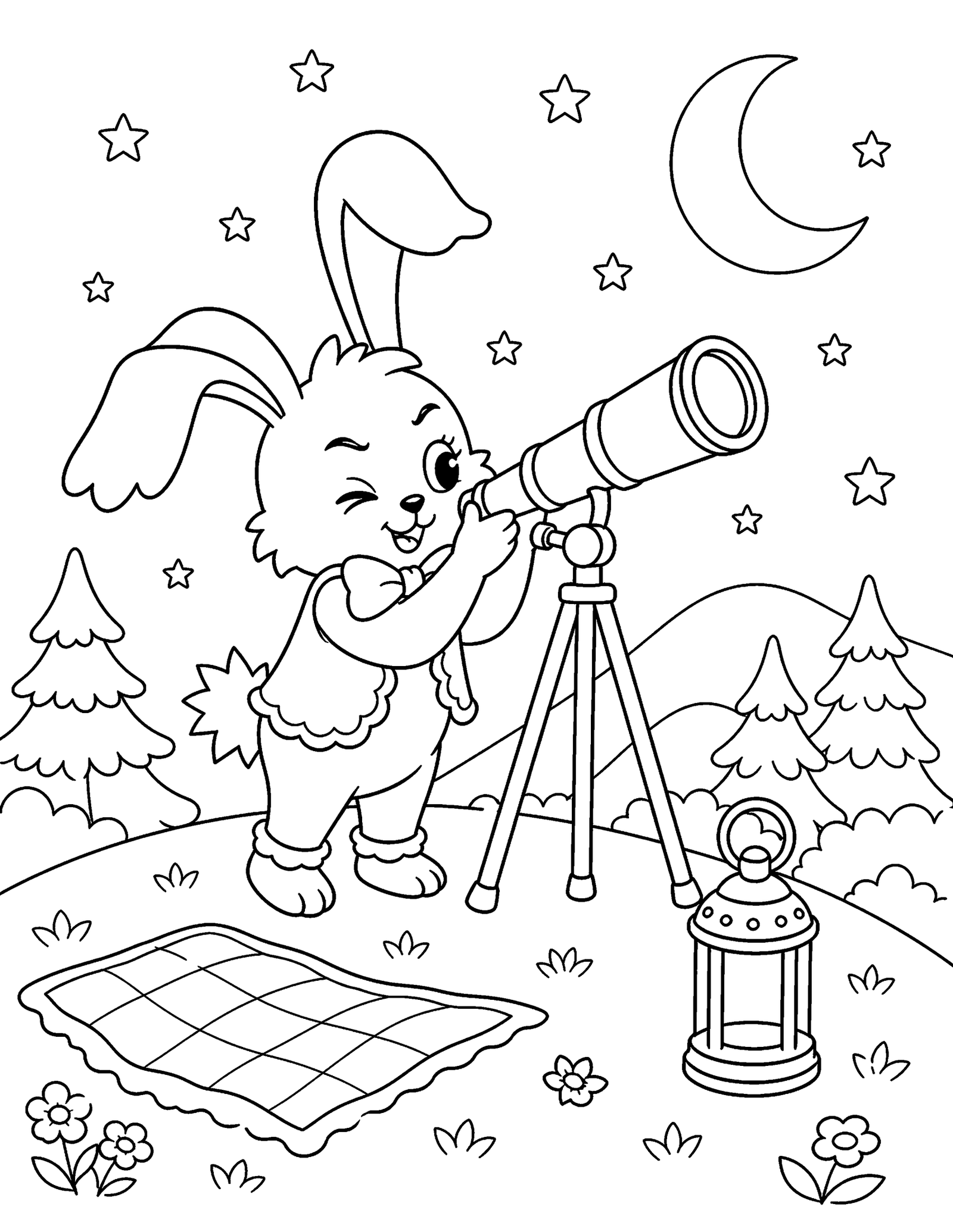Original Bunny Stargazing Original floppy-eared fantasy bunny looks through a telescope beneath a crescent moon and stars.