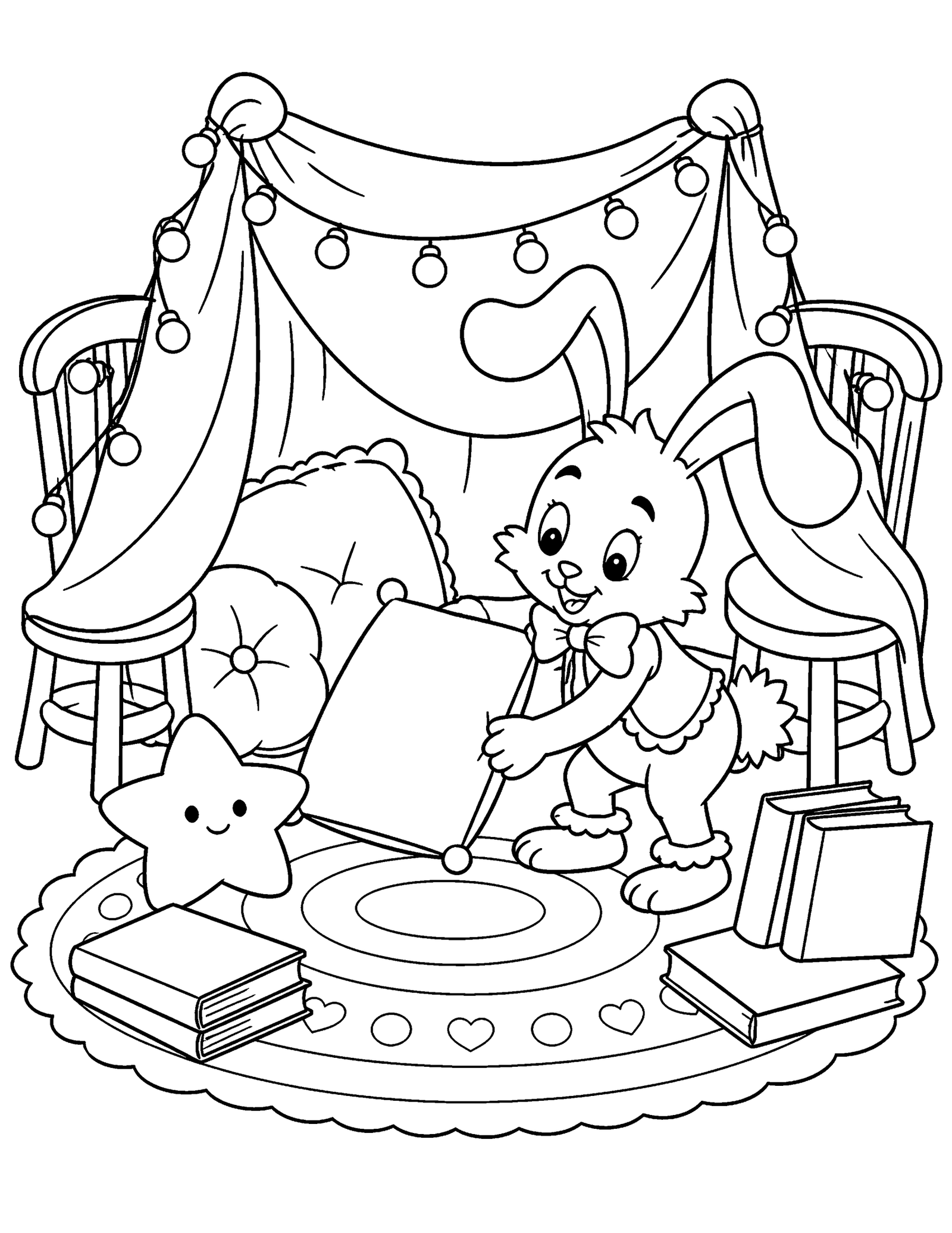 Original Bunny's Blanket Fort Original floppy-eared bunny plays inside a blanket fort with pillows, blank books, and a plush star.