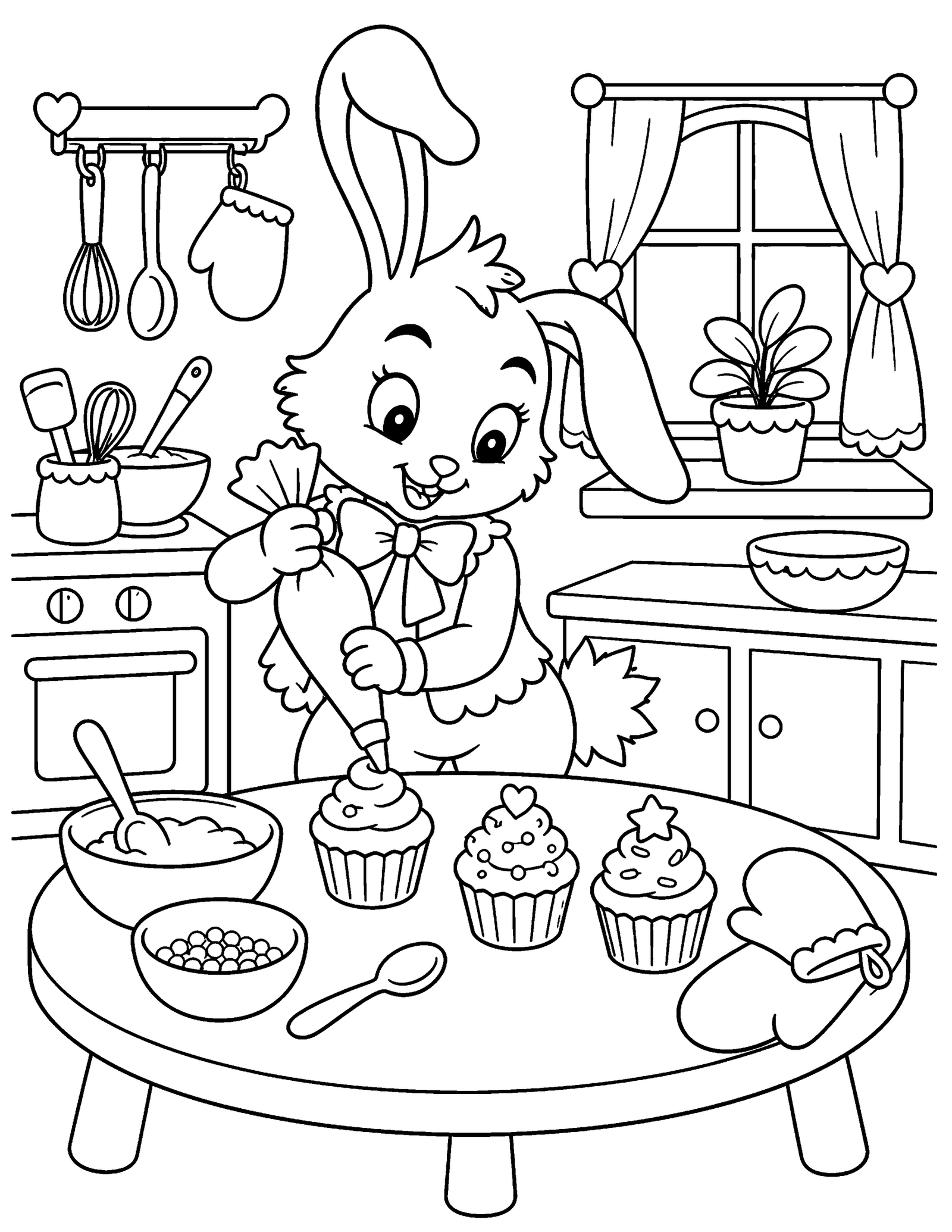 Original Bunny Decorating Cupcakes Original floppy-eared fantasy bunny decorates cupcakes at a round kitchen table.