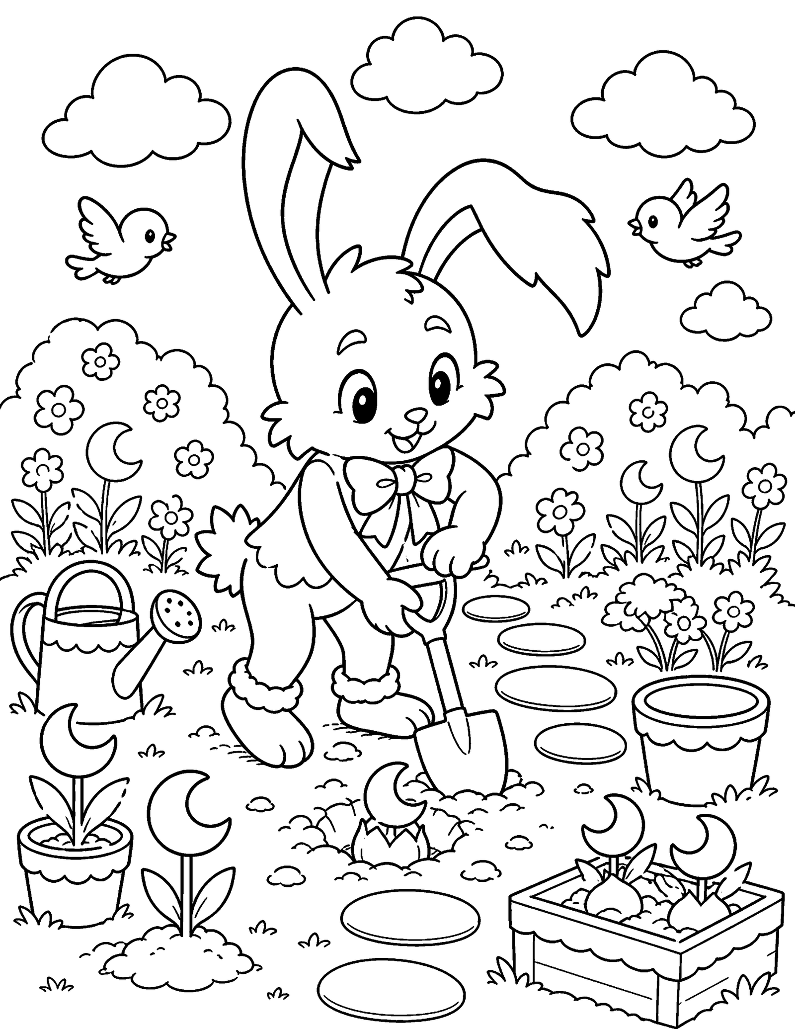 Original Bunny's Flower Garden Original floppy-eared bunny plants crescent-shaped flowers with a shovel and watering can.