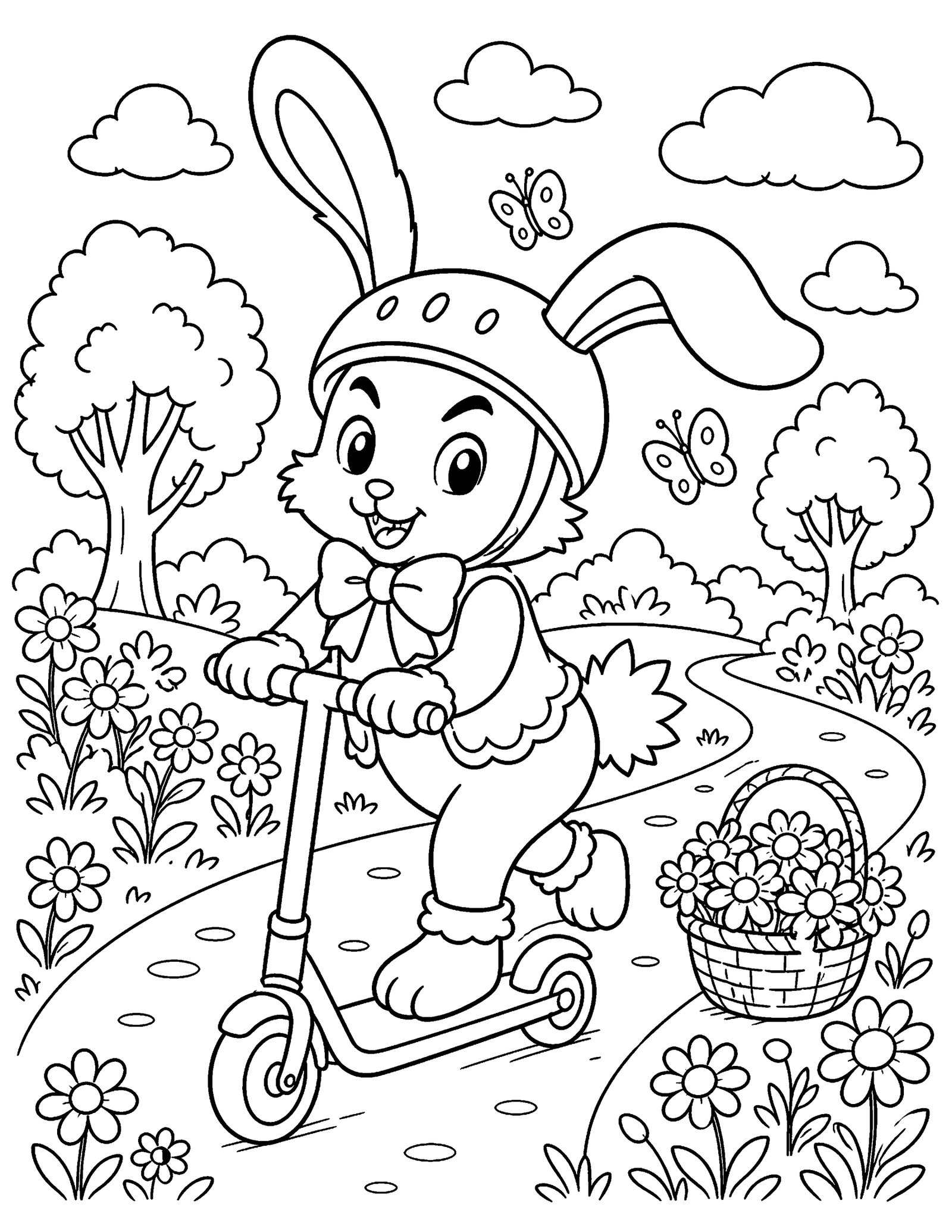 Original Bunny Riding a Scooter Original fantasy bunny wearing a safety helmet rides a scooter through a flower garden.