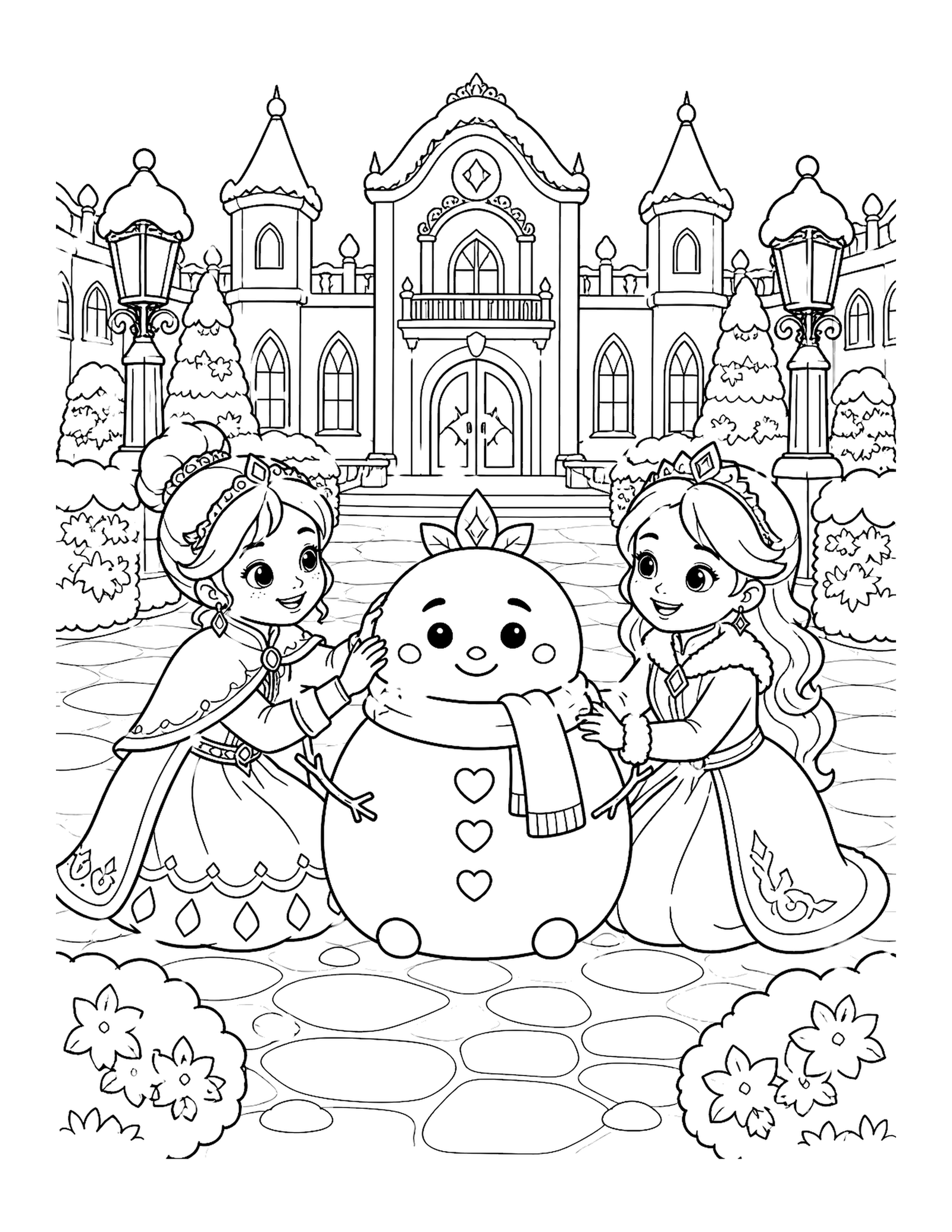 Royal Sisters Build a Snow Creature Original Royal Sisters Building Snow Creature printable coloring page