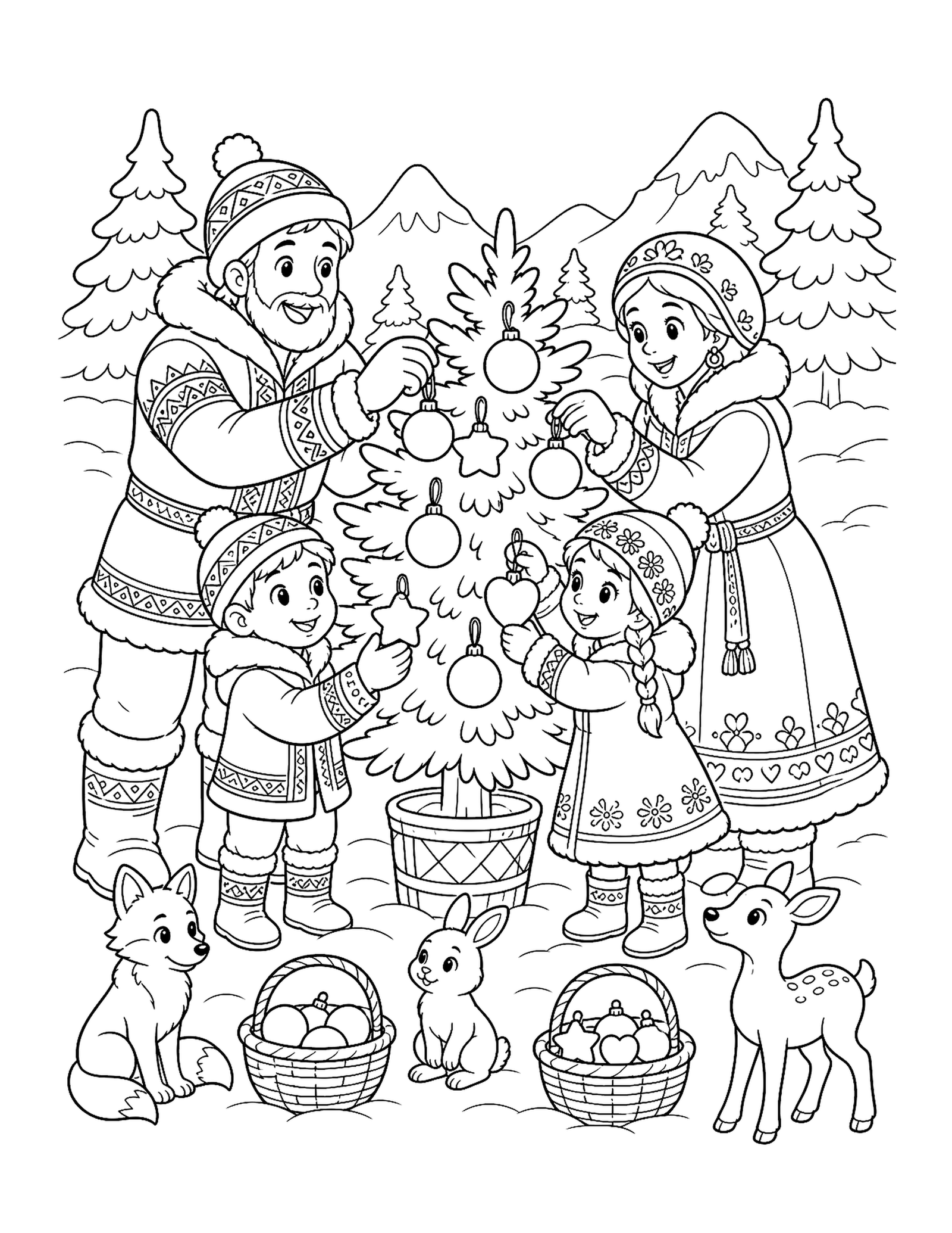 Winter Family Decorates an Evergreen Original Winter Family Decorating Tree printable coloring page