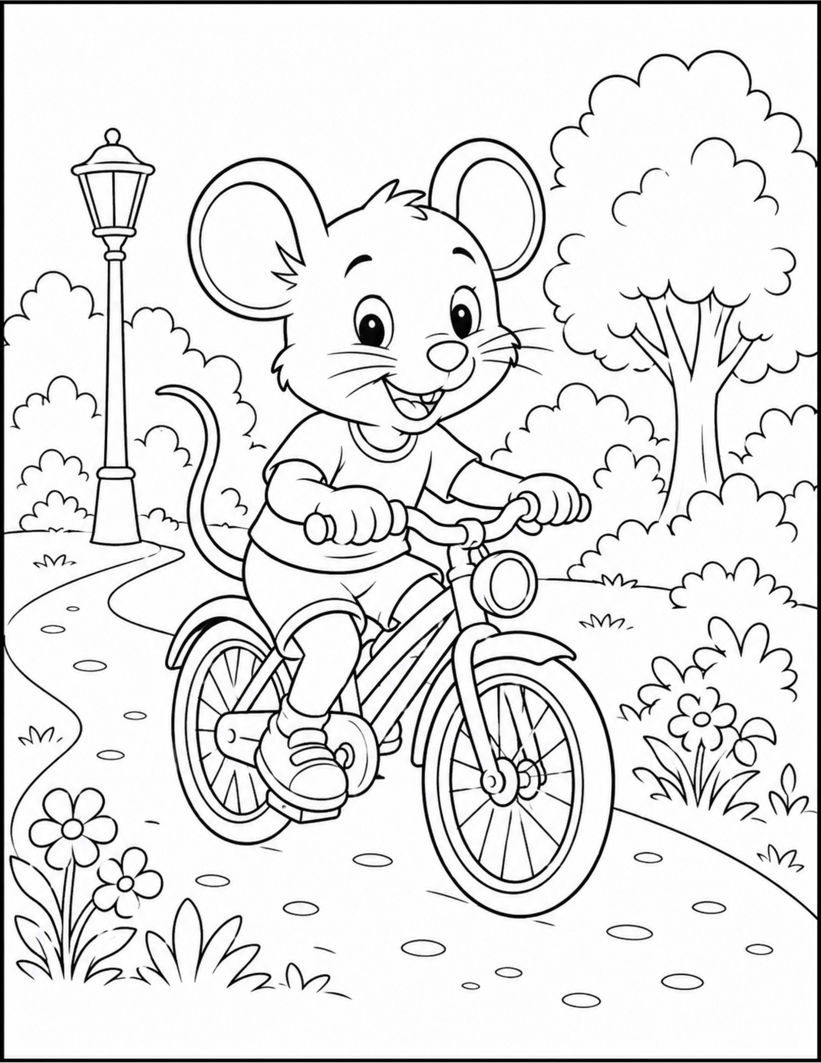 Original cartoon mouse bicycle coloring page on a park path