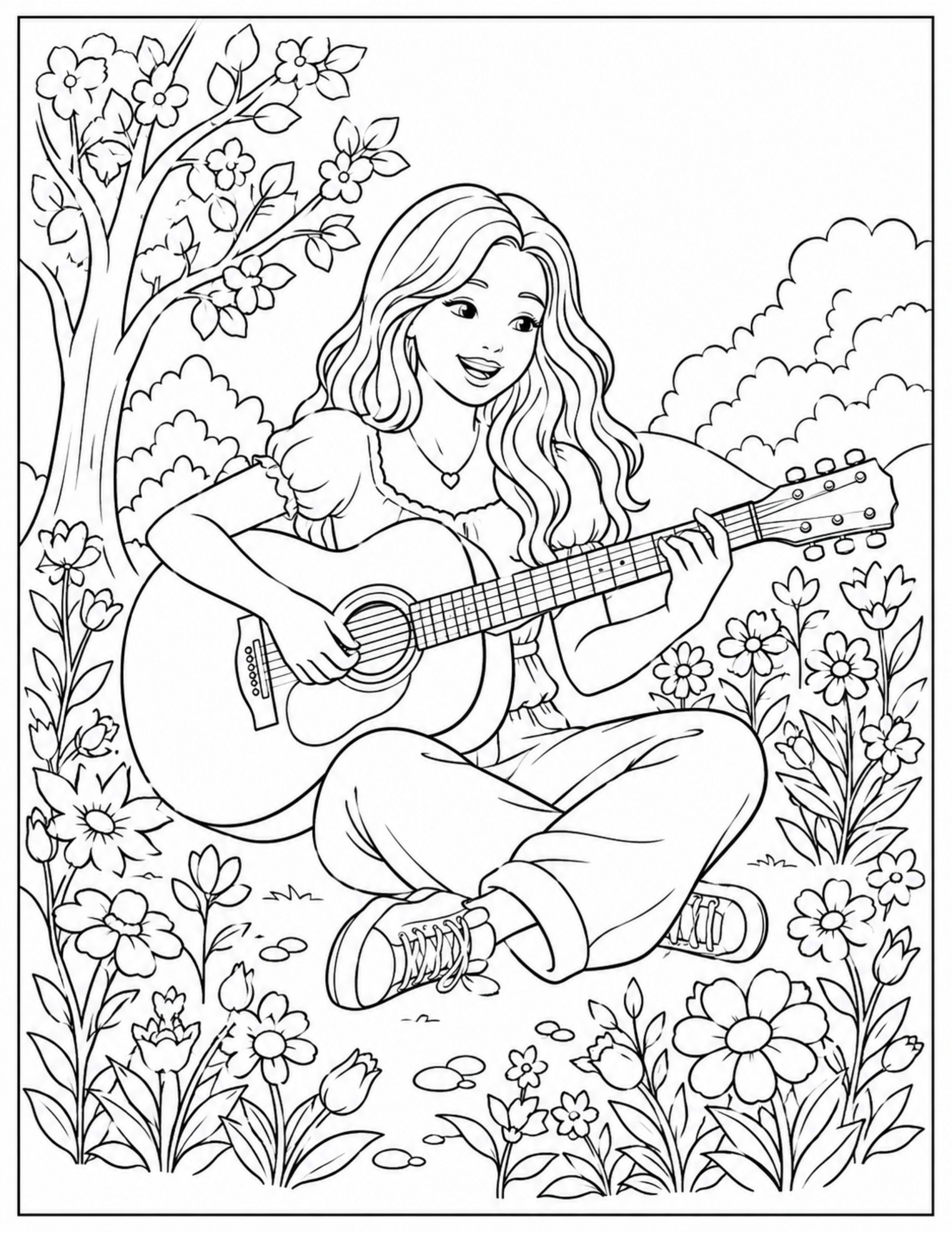 Original park picnic coloring page with friends and music