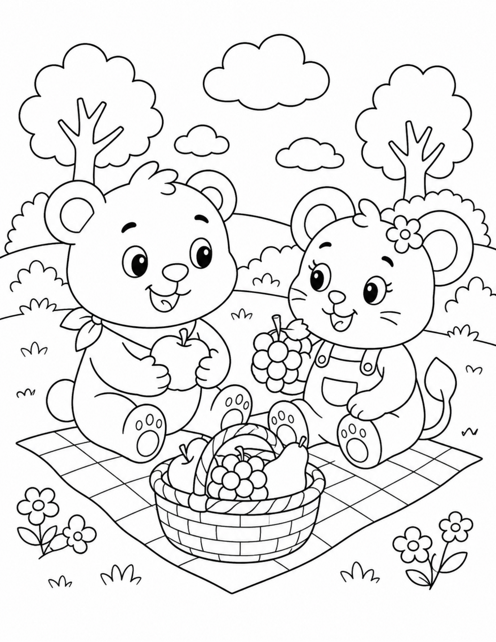 Original round-eared cartoon animal picnic coloring page with fruit