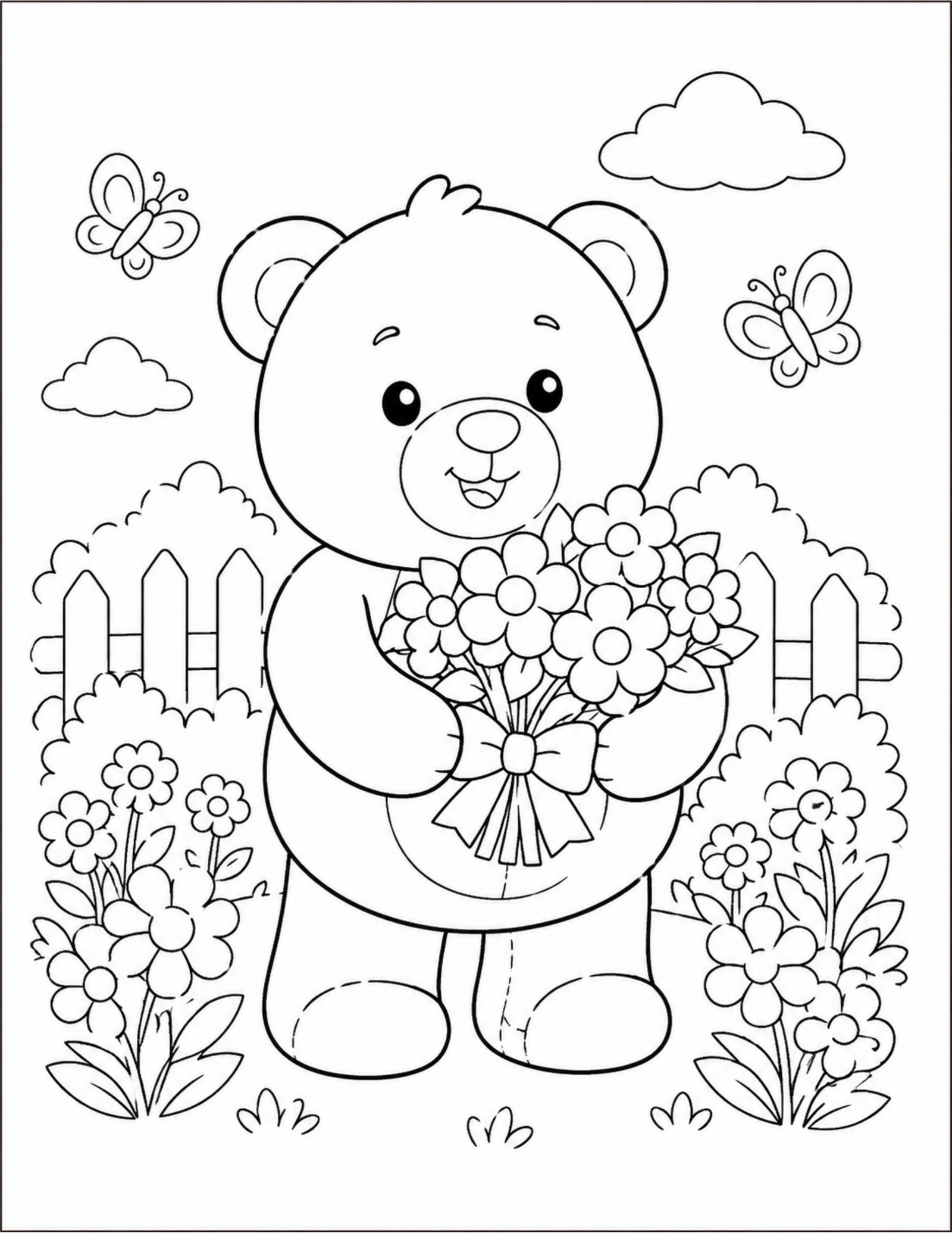 Original plush bear garden coloring page with a bouquet of flowers