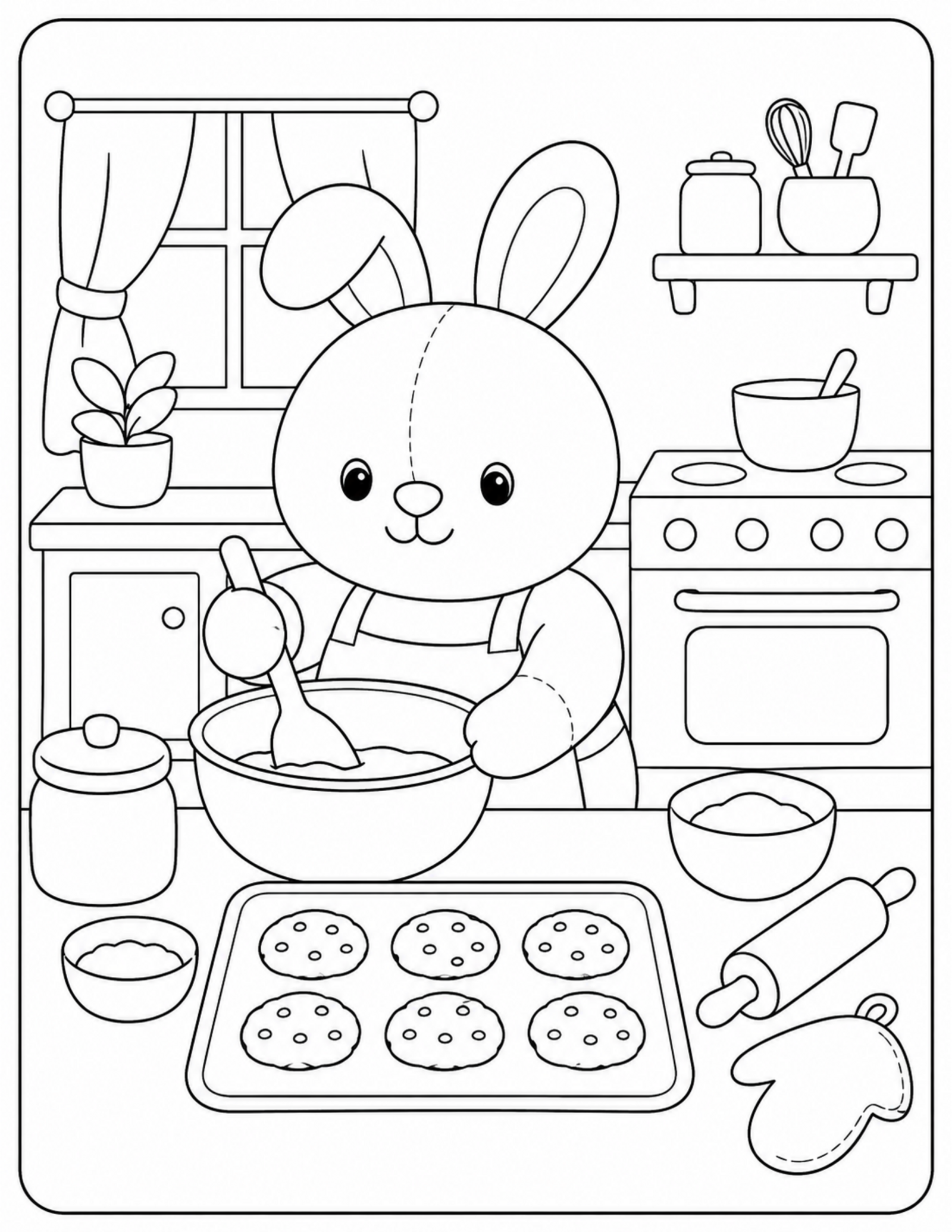 Original plush bunny kitchen coloring page with cookie baking