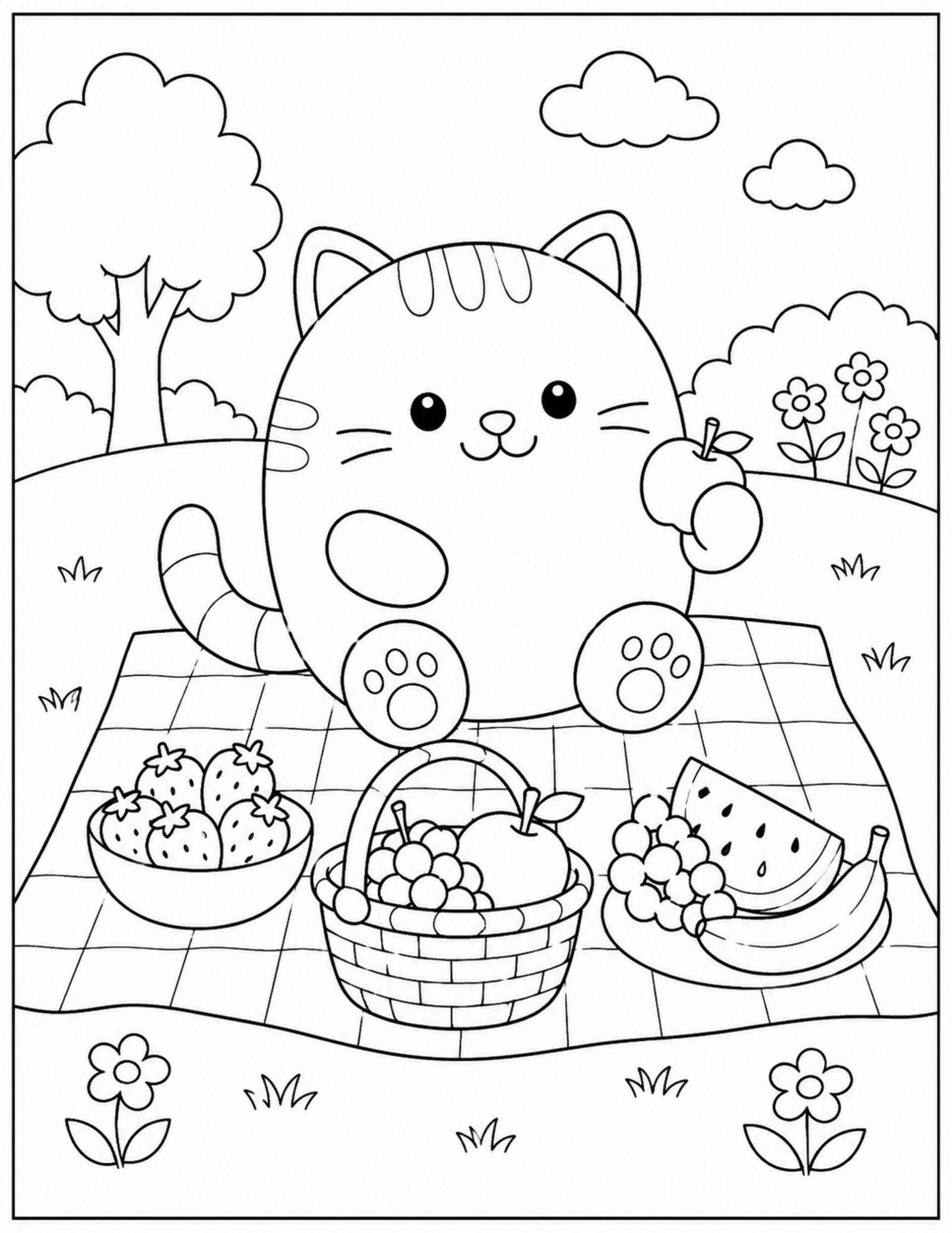 Original plush cat picnic coloring page with fruit and a blanket