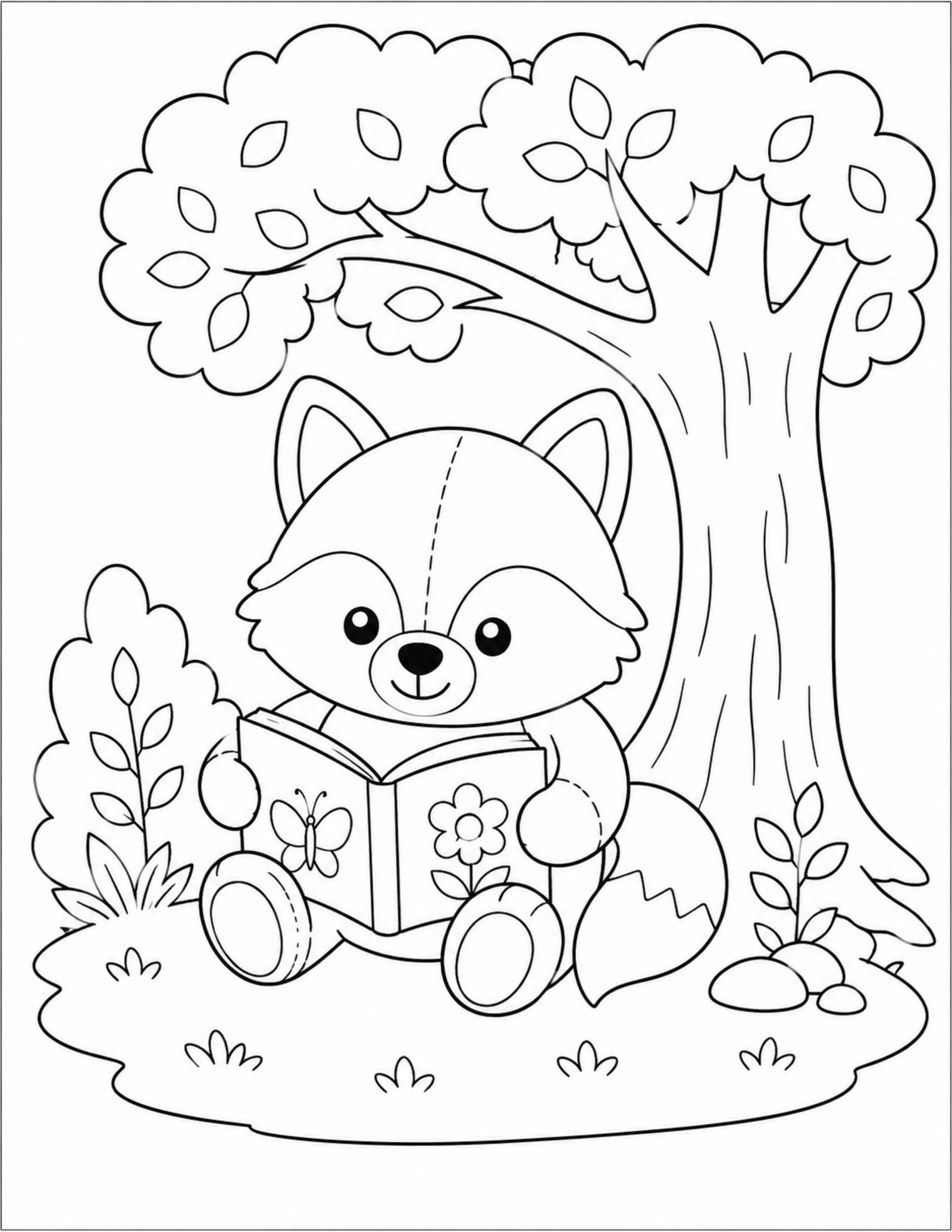 Original plush fox reading coloring page under a leafy tree