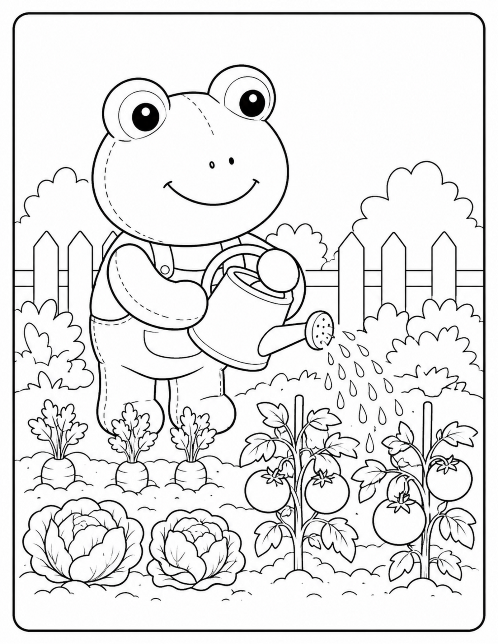 Original plush frog garden coloring page with a watering can
