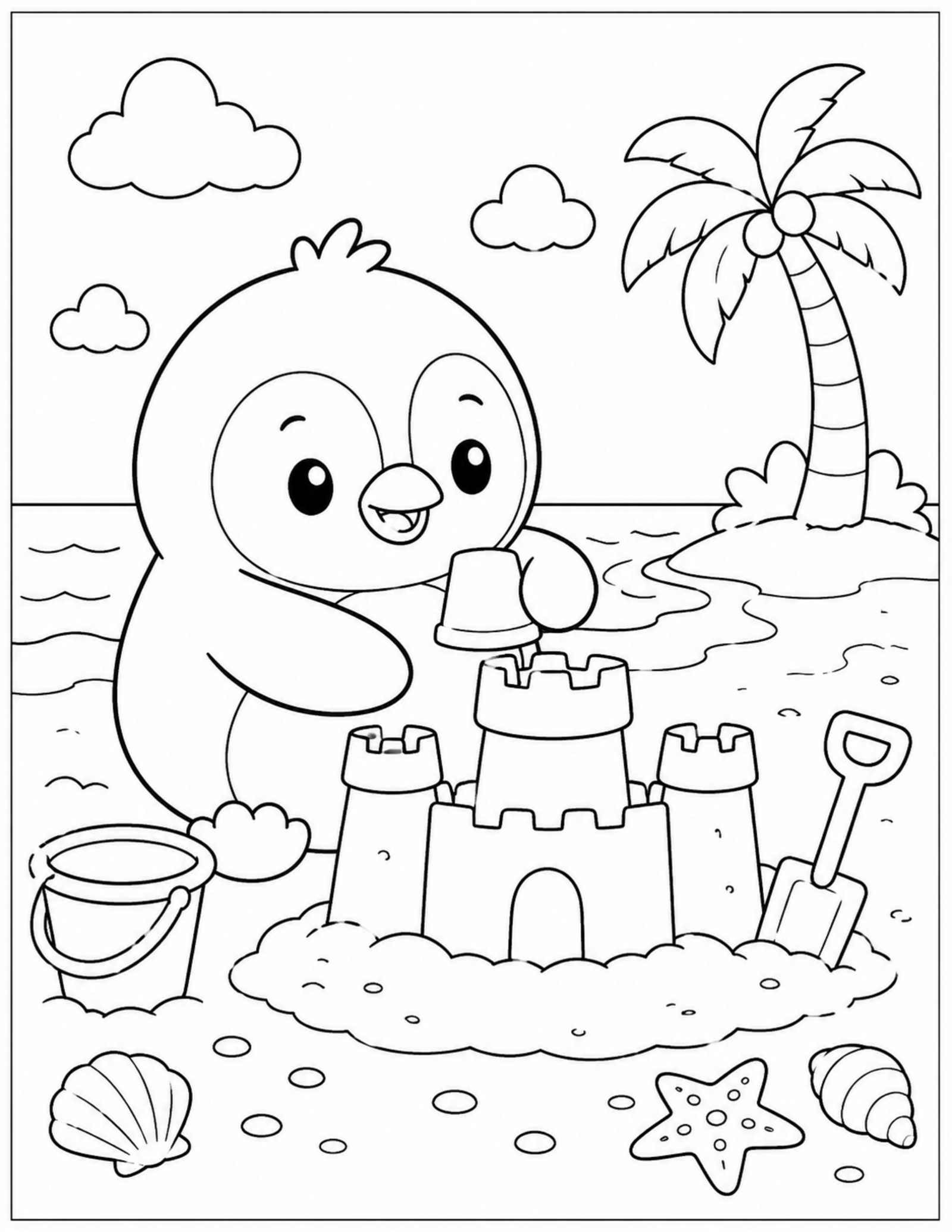 Original plush penguin beach coloring page with a sandcastle