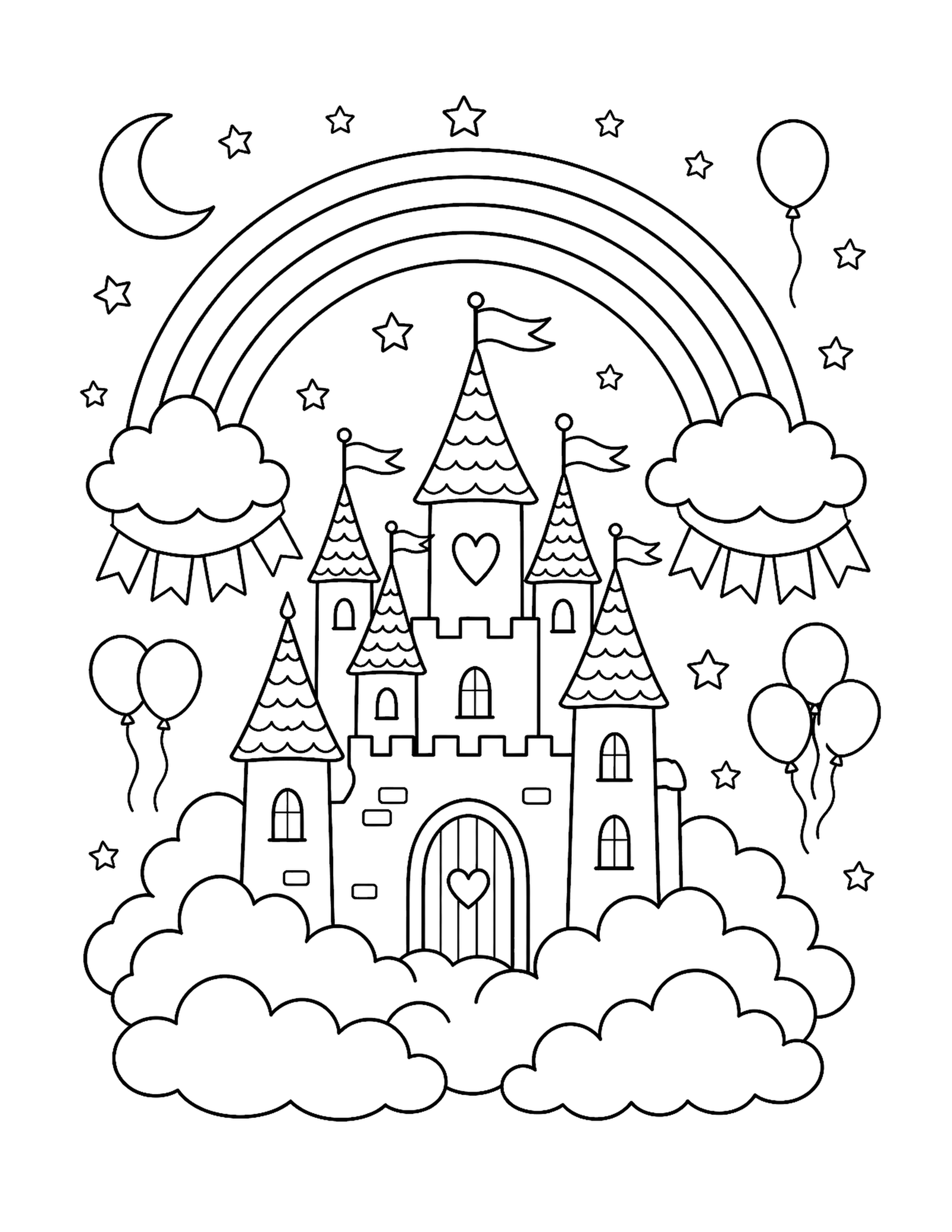 Rainbow Castle in the Clouds Printable fantasy rainbow coloring page with a cloud castle, stars, moon, banners, and balloons.