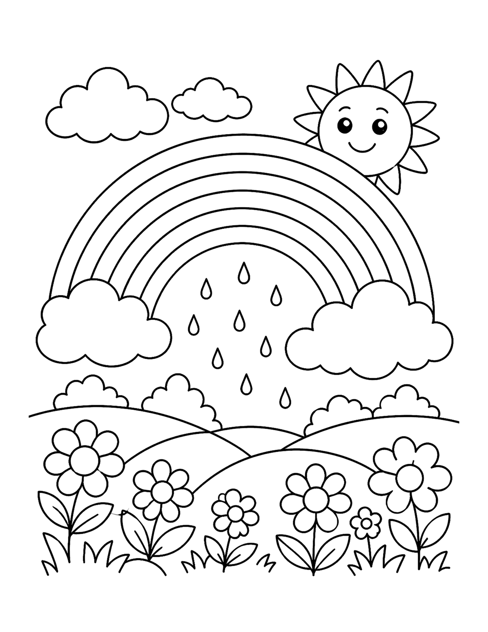 Rainbow, Clouds, and Sunshine Printable rainbow coloring page with fluffy clouds, a cheerful sun, flowers, and rolling hills.