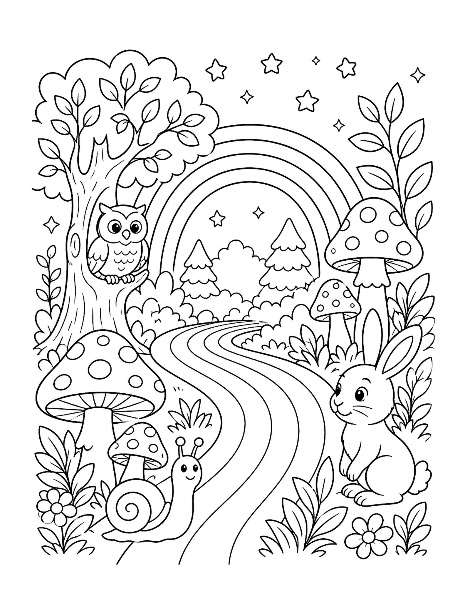 Rainbow Fantasy Forest Printable rainbow forest coloring page with mushrooms, a snail, rabbit, owl, leaves, and stars.