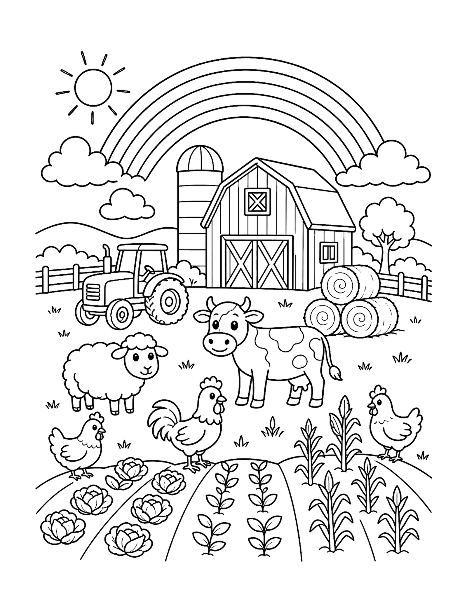 Rainbow Farm and Animals Printable farm rainbow coloring page with a barn, tractor, hay bales, cow, sheep, and chickens.