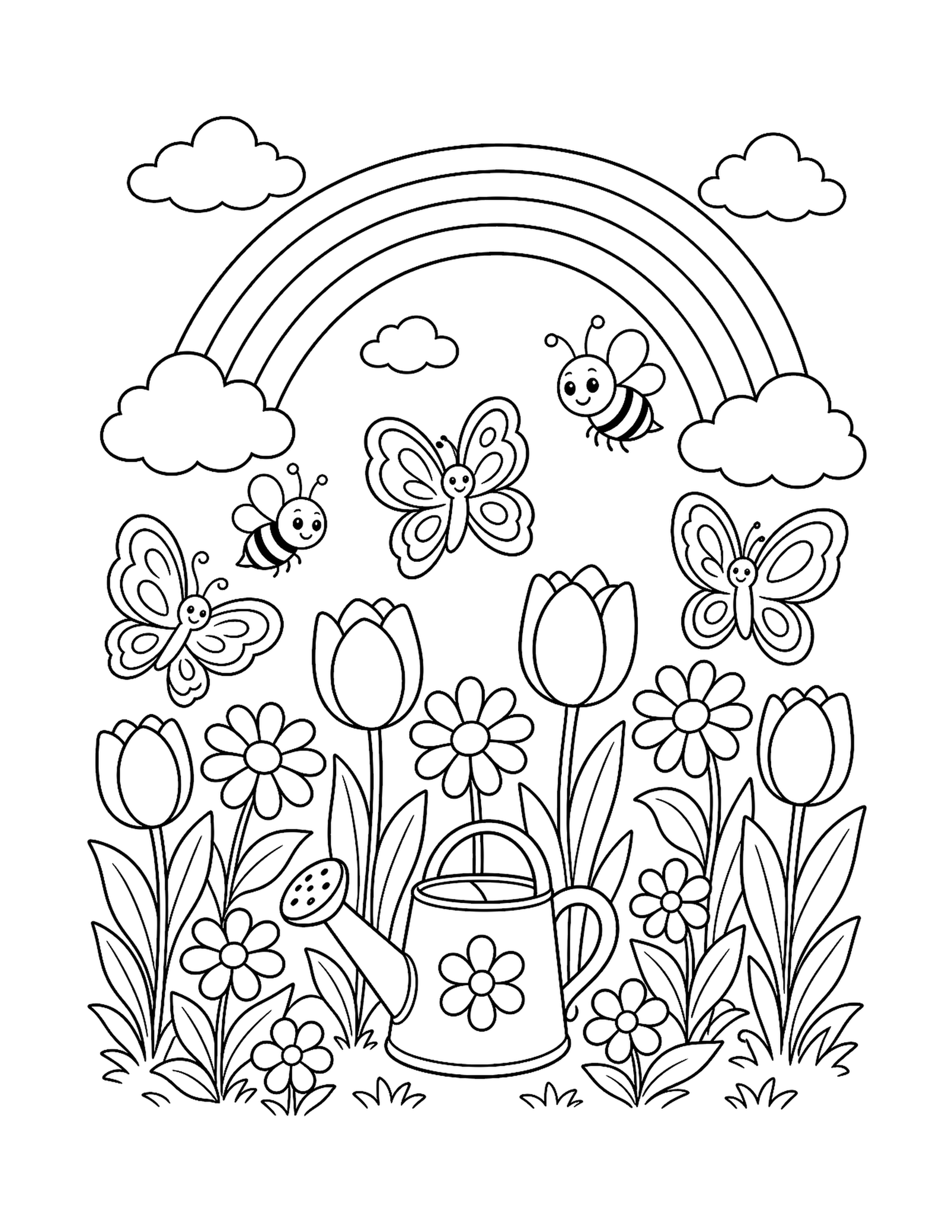 Rainbow Flower Garden Printable rainbow garden coloring page with butterflies, bees, flowers, and a watering can.
