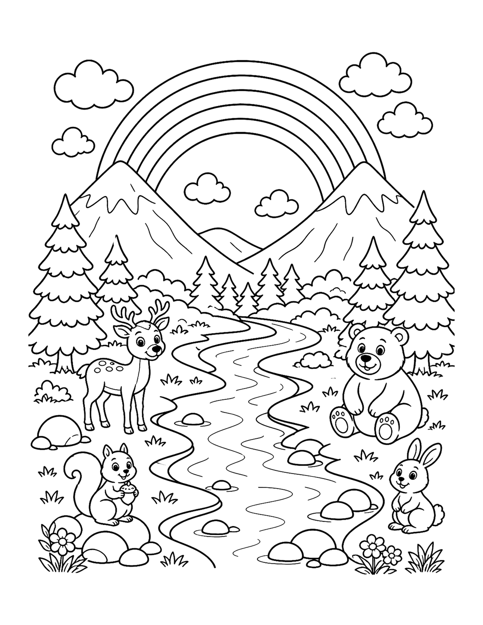 Rainbow Over Mountains and River Printable mountain rainbow coloring page with a river, pine trees, rocks, and woodland animals.