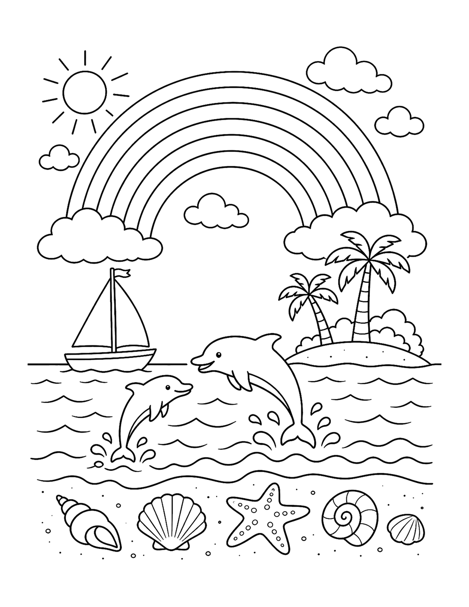 Rainbow Ocean Adventure Printable ocean rainbow coloring page with dolphins, waves, a sailboat, shells, and an island.