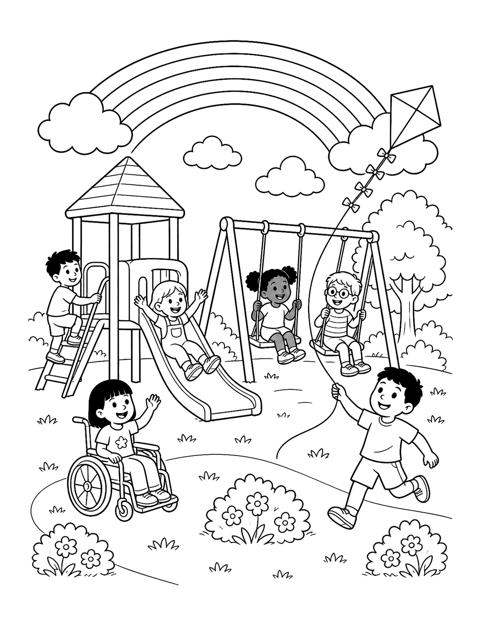 Rainbow Playground Fun Printable rainbow playground coloring page with children, swings, a slide, and a flying kite.