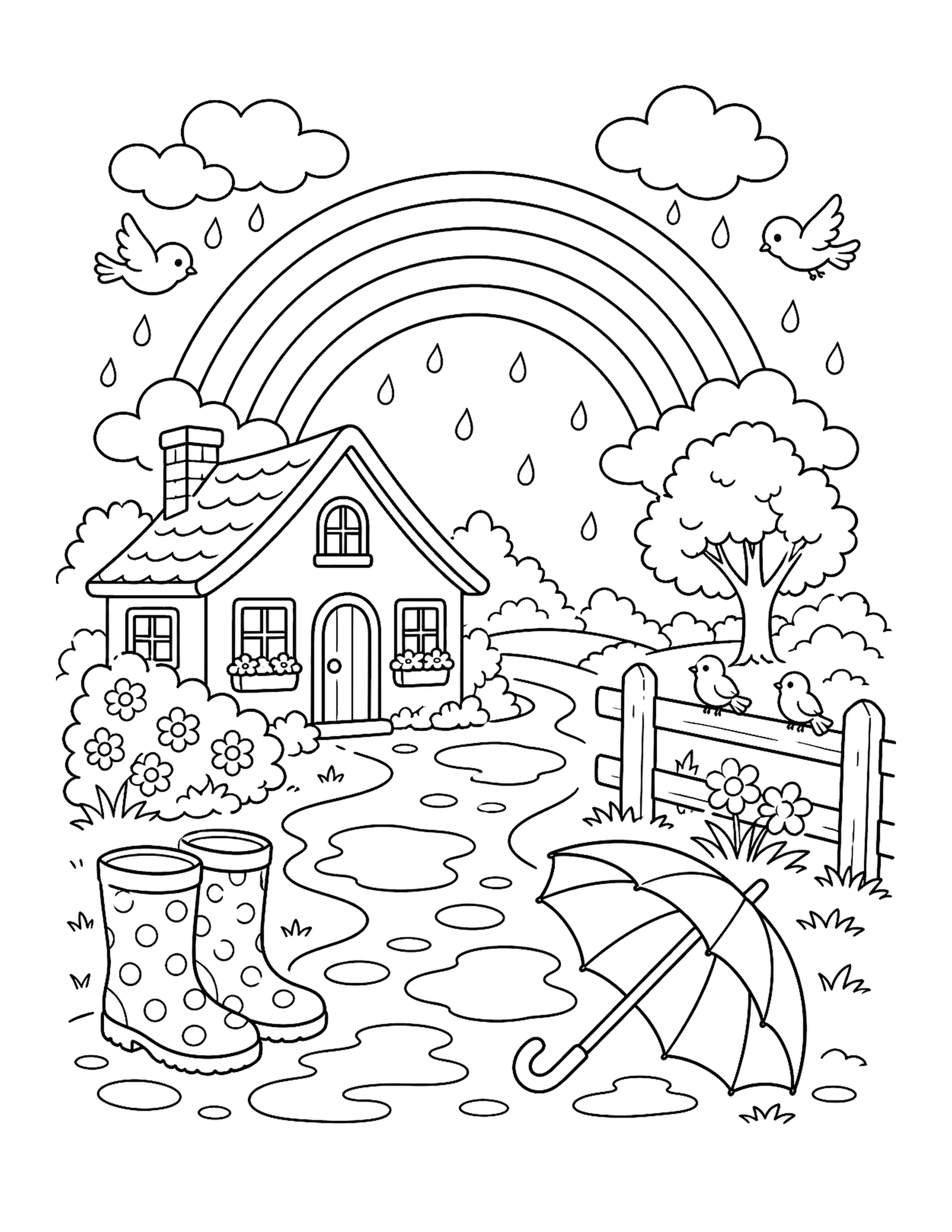 Rainbow After a Rainy Day Printable rainy-day rainbow coloring page with puddles, boots, an umbrella, fence, and birds.