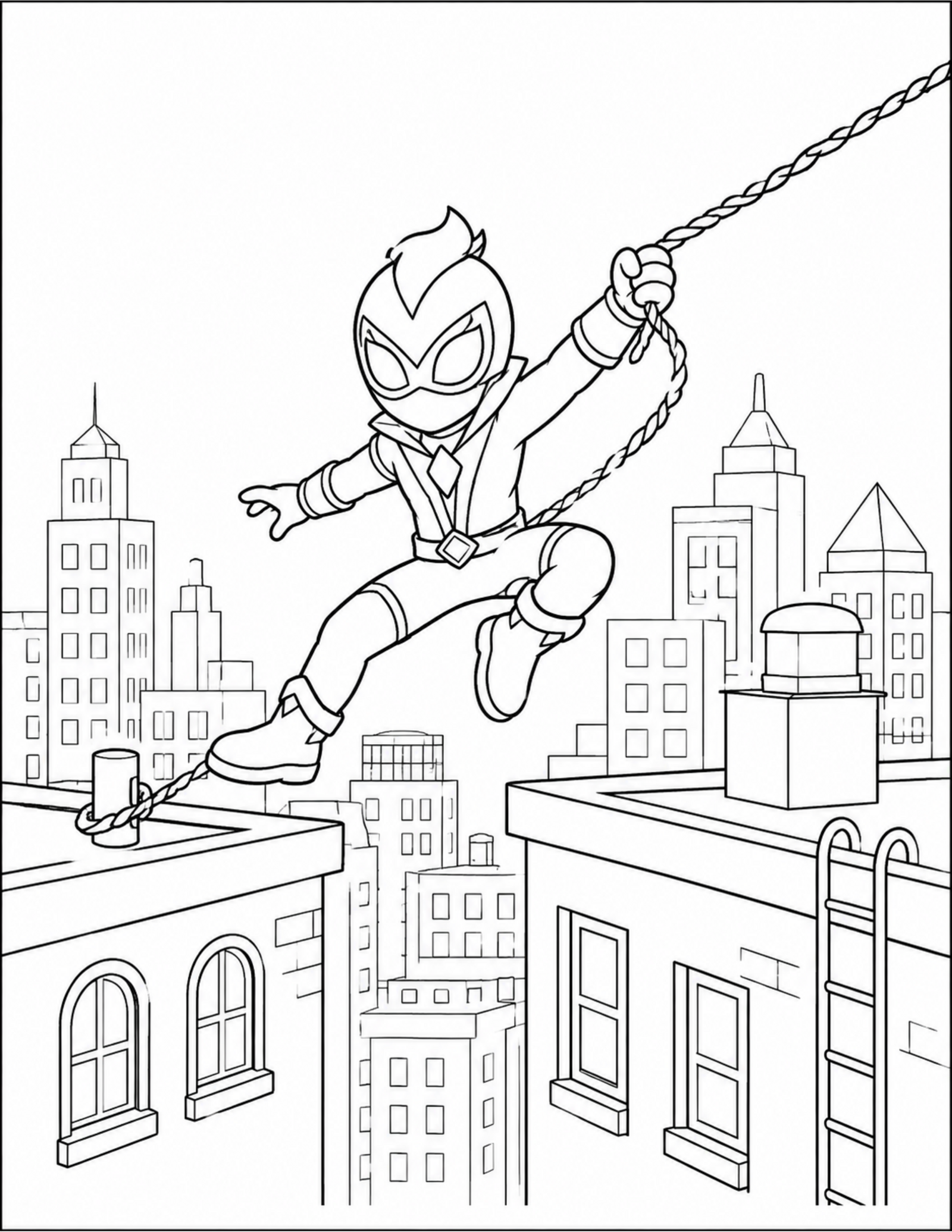 Spiderman coloring pages inspired by an original hero crossing rooftops