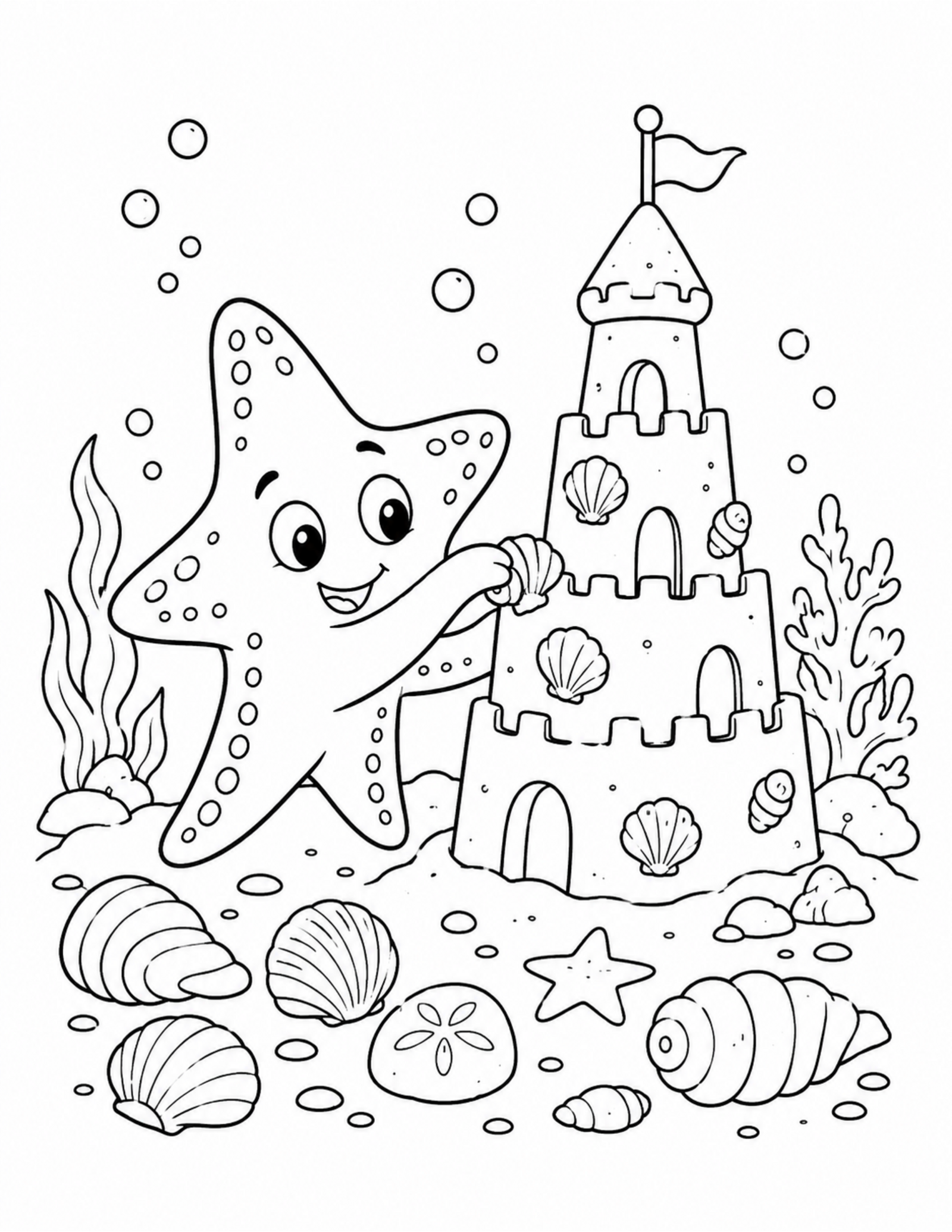 Original undersea sandcastle coloring page with a cheerful sea creature and seashells