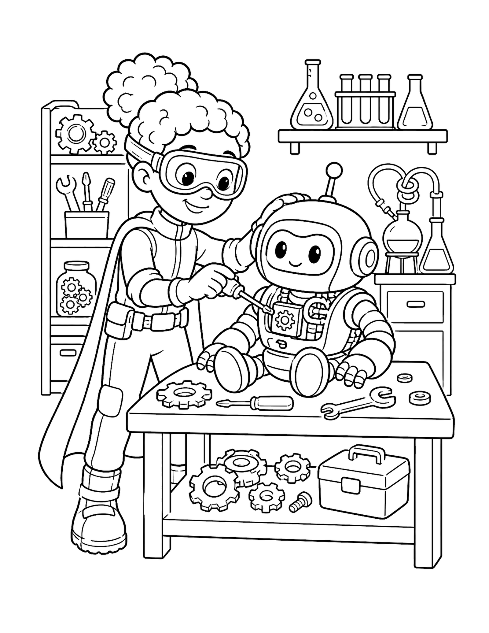 Science Hero Repairs a Robot Original science superhero printable to color repairing a friendly robot with gears and laboratory tools.