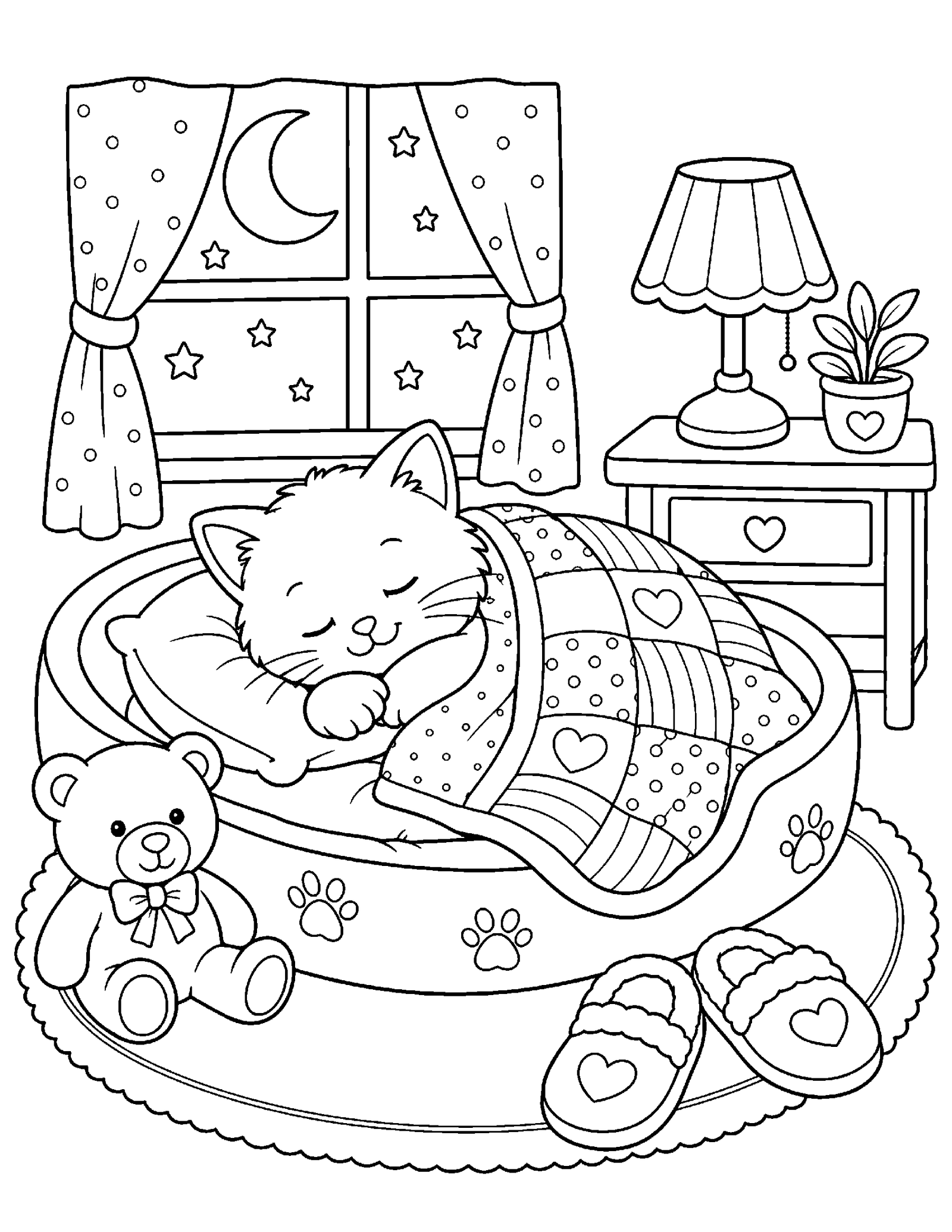 Sleepy Kitten at Bedtime Cute sleeping kitten in a cozy bedroom coloring page