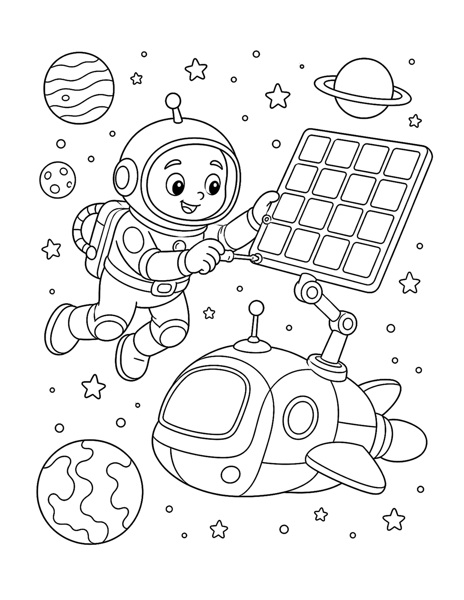 Space Hero Repairs a Solar Panel Original space superhero printable to color repairing a spacecraft solar panel among planets and stars.