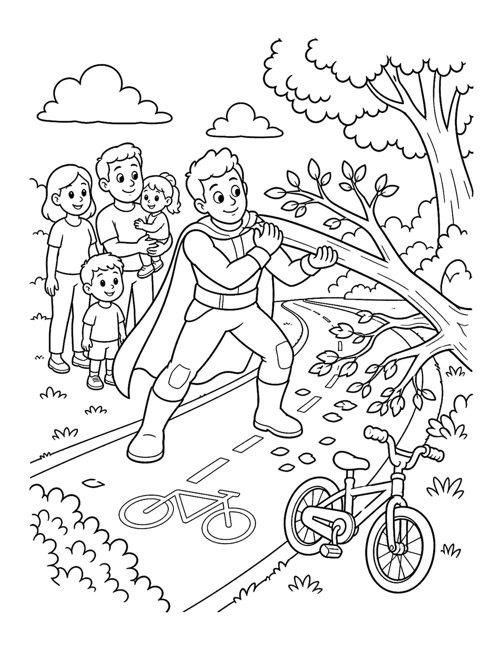 Strong Hero Clears the Bike Path Original strong superhero printable to color safely moving a fallen branch from a family bicycle path.