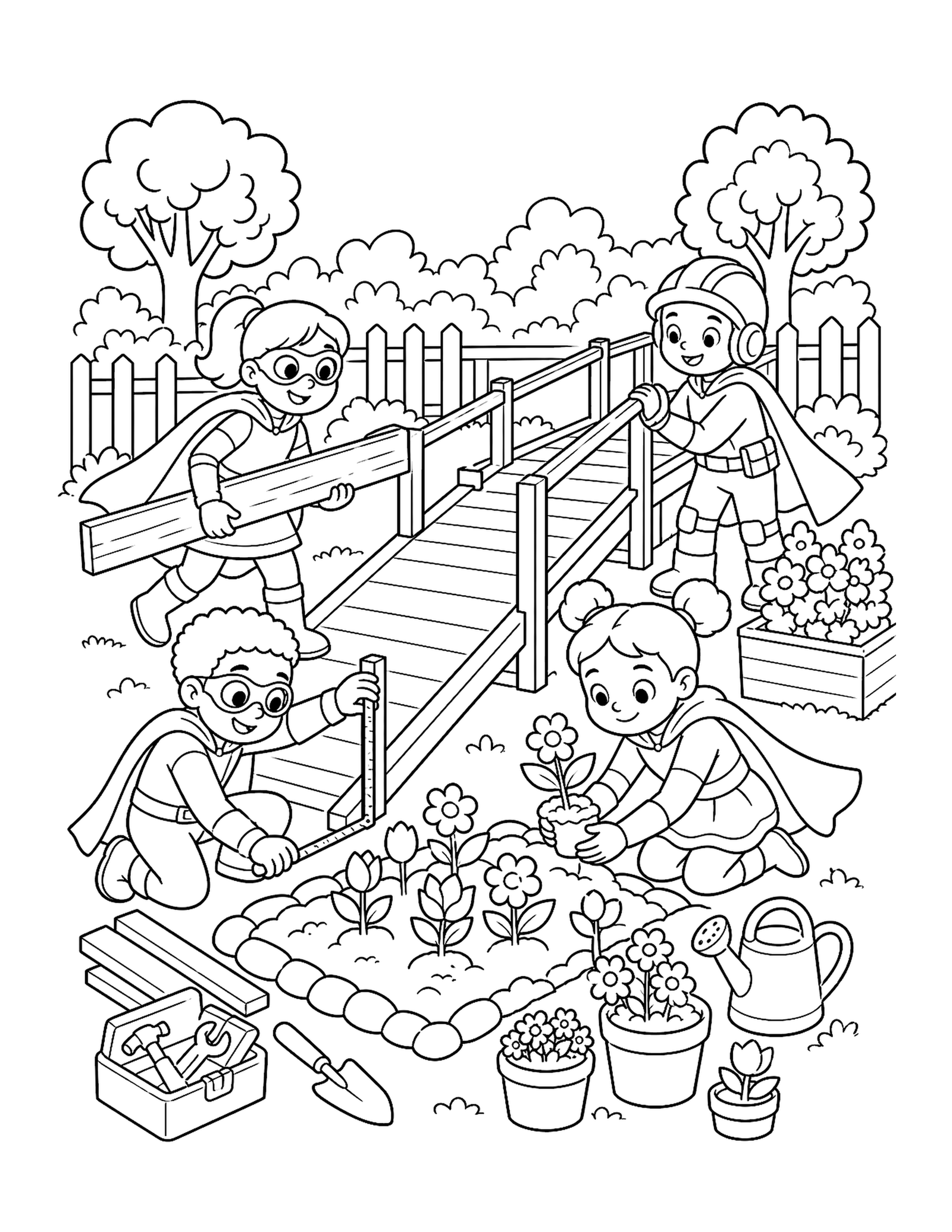 Superhero Team Builds a Garden Ramp Original superhero team printable to color building an accessible community garden ramp together.
