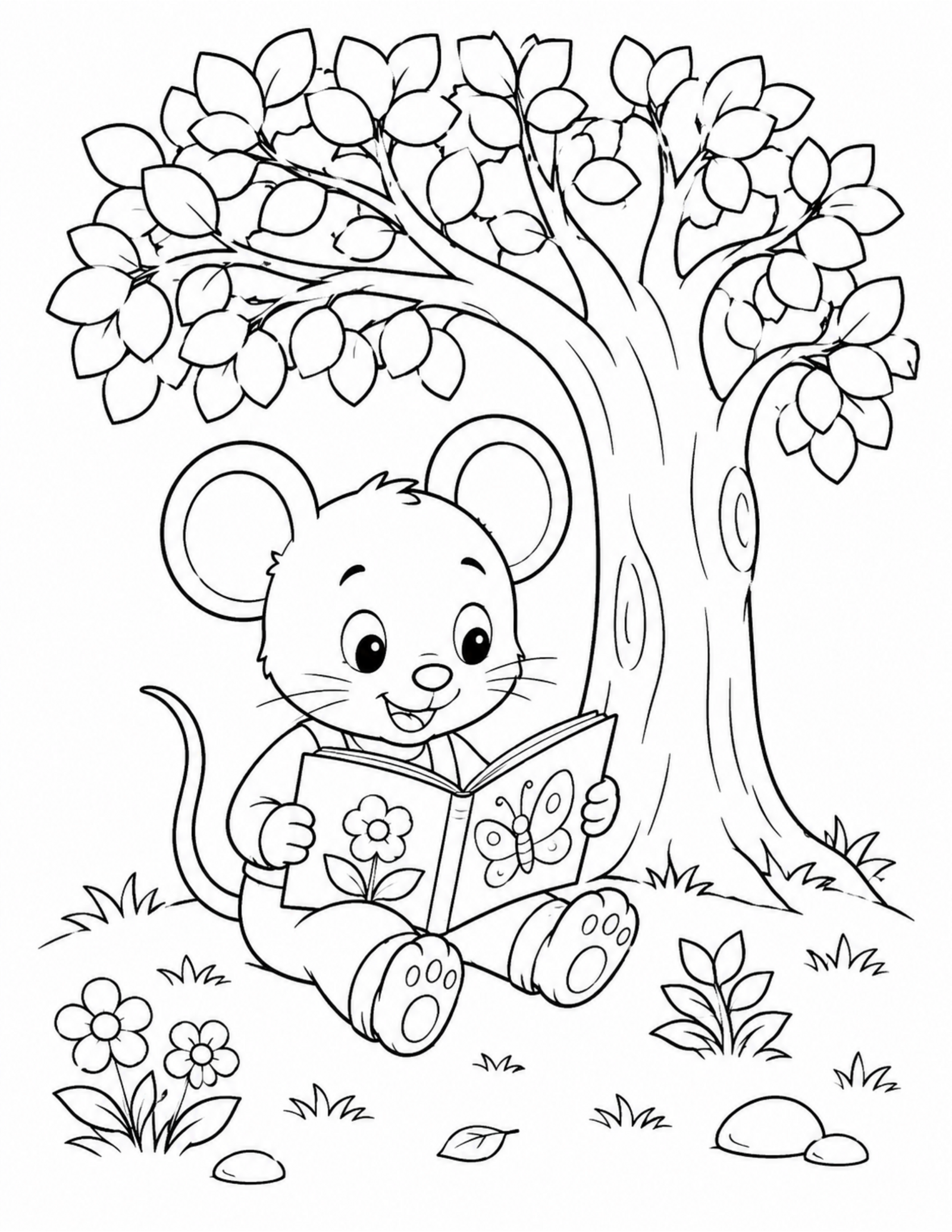 Original cartoon mouse reading coloring page beneath a leafy tree