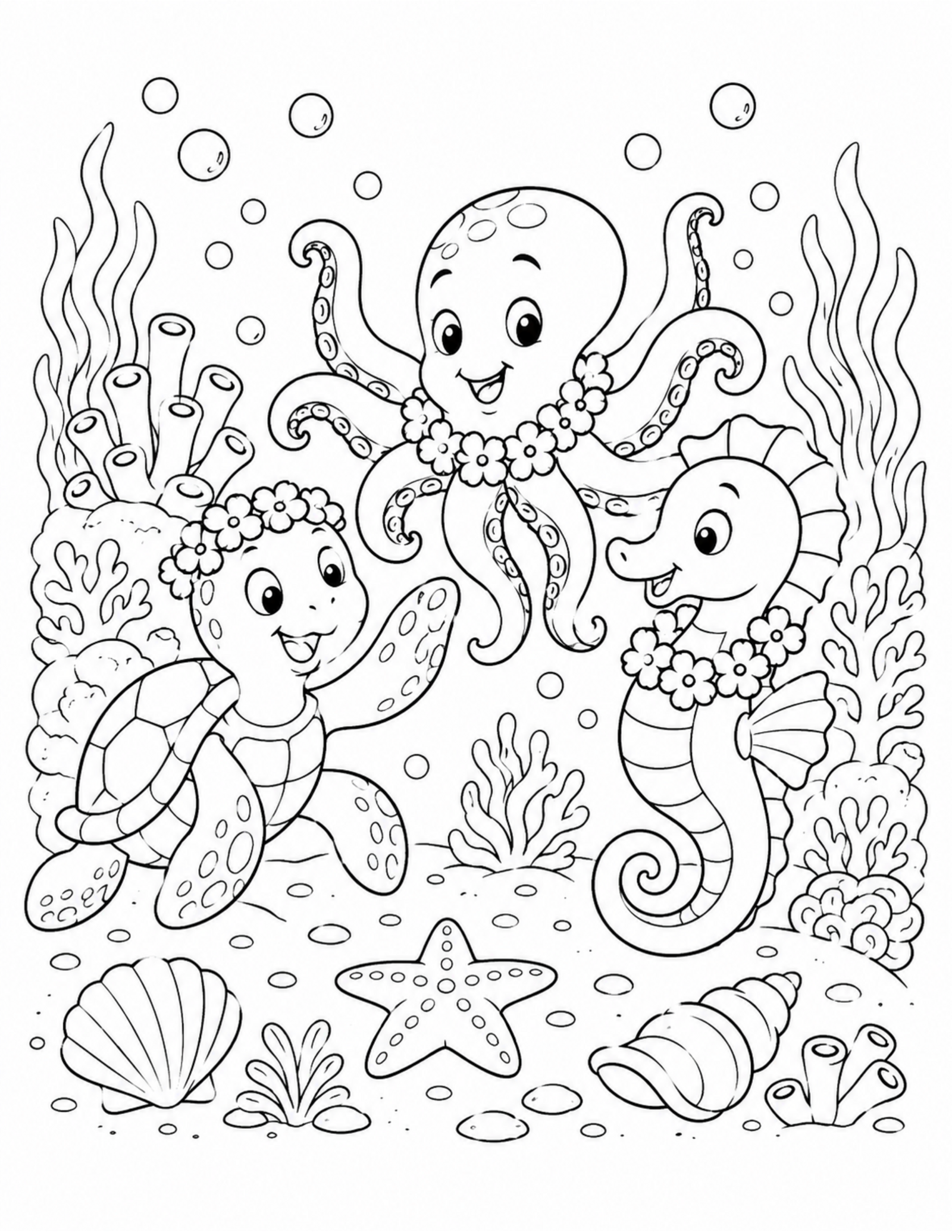 Original sea turtle garden coloring page with shells and coral