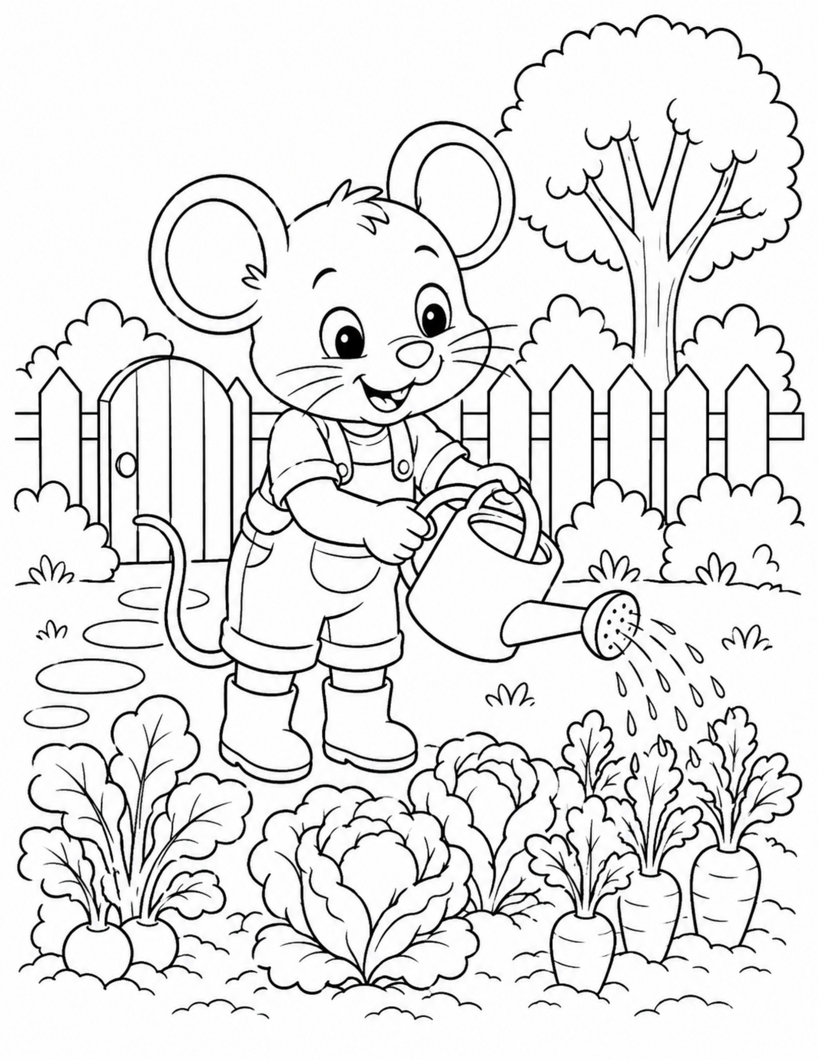Original cartoon mouse garden coloring page with vegetables and watering can