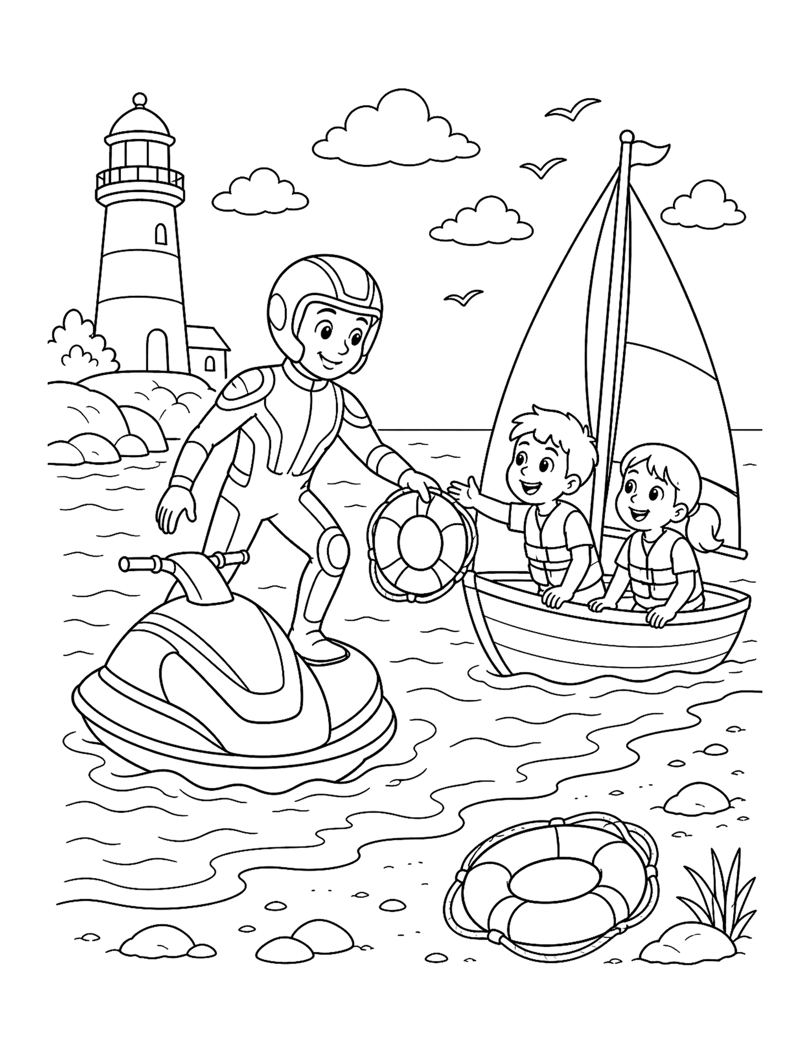 Water-Rescue Hero Helps a Sailboat Original water-rescue superhero printable to color helping a sailboat reach shore near a lighthouse.