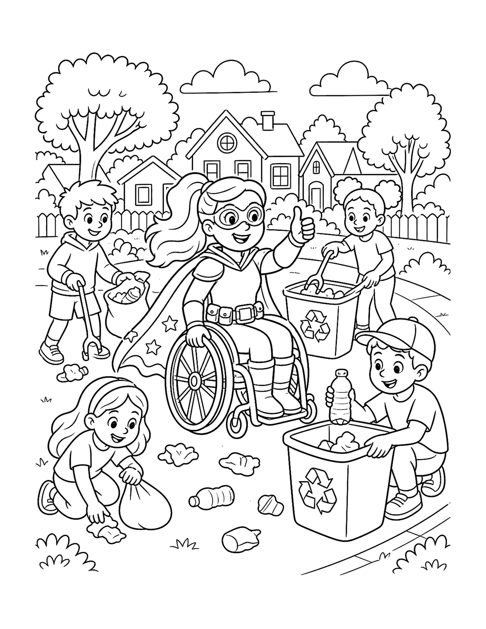Wheelchair Hero Leads a Cleanup Original wheelchair superhero printable to color leading children in a neighborhood recycling cleanup.