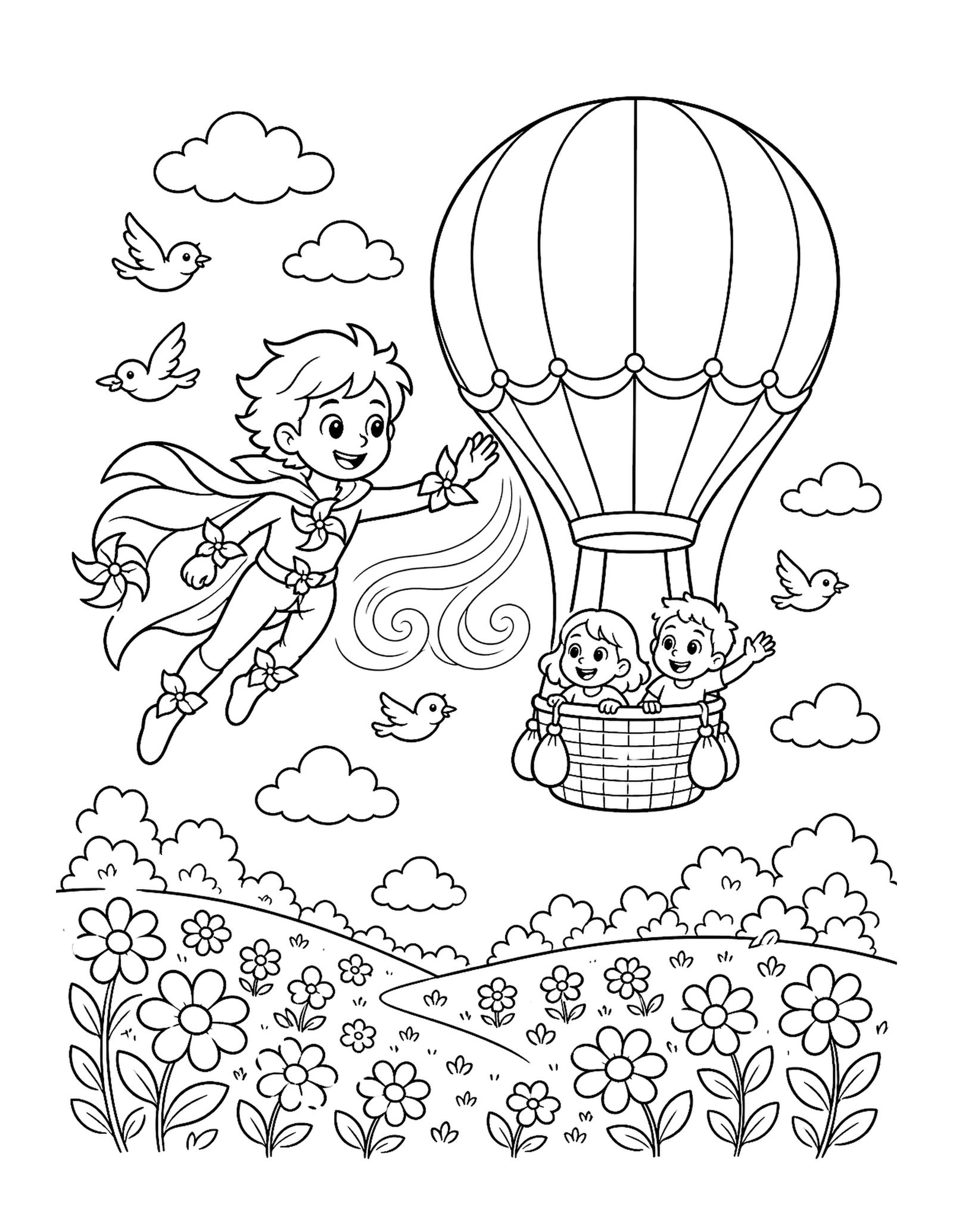 Wind Hero Guides a Balloon Original wind superhero printable to color guiding a hot-air balloon through clouds toward a safe meadow.