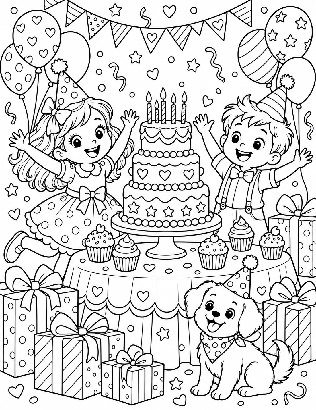 Happy birthday coloring pages featuring a child decorating a tall birthday cake