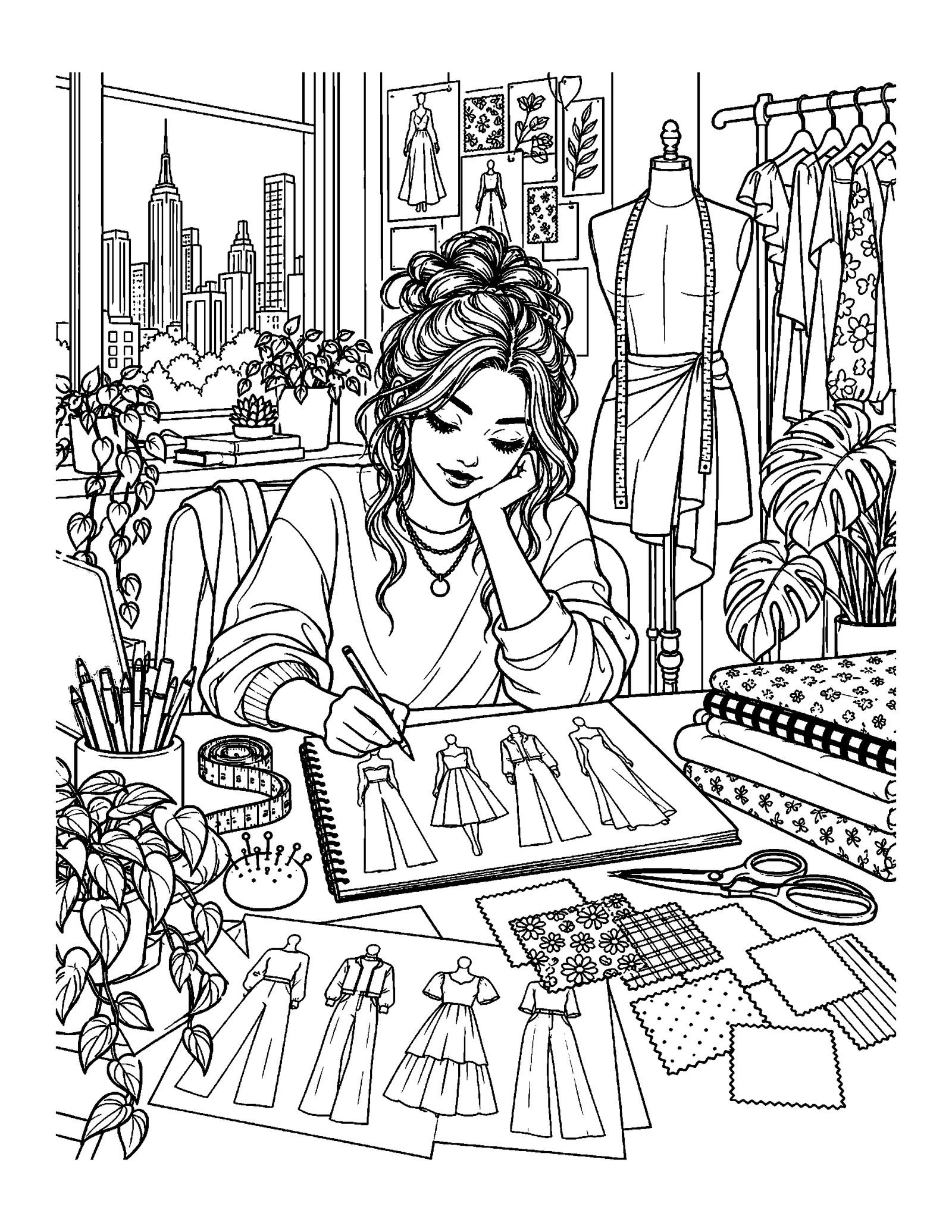Coloring pages for teens with a teen sketching original outfit ideas