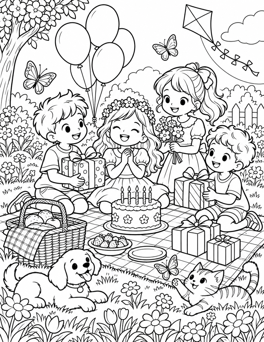 Happy birthday coloring pages with children holding balloons and presents