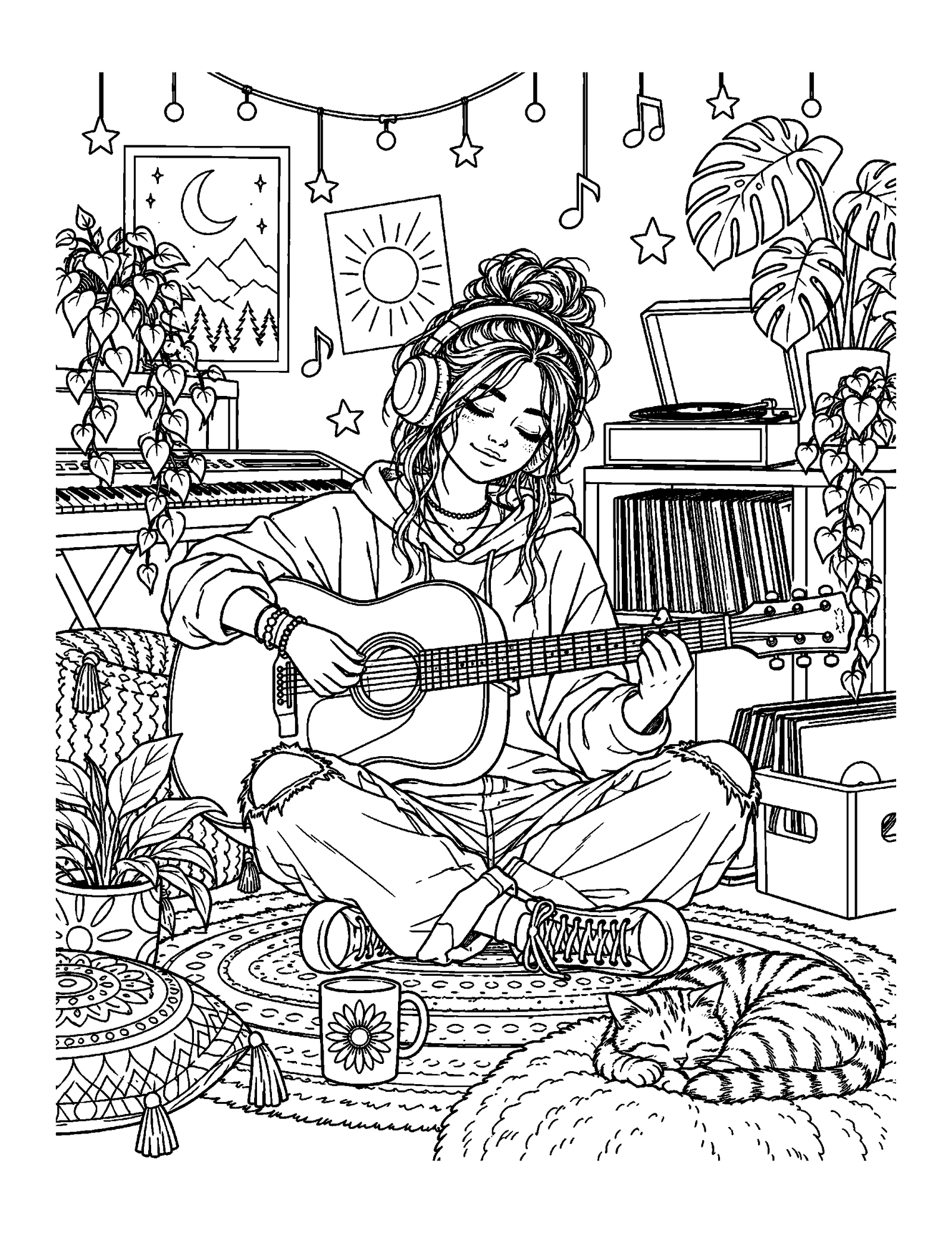 Coloring pages for teens showing a teen playing guitar in a music room