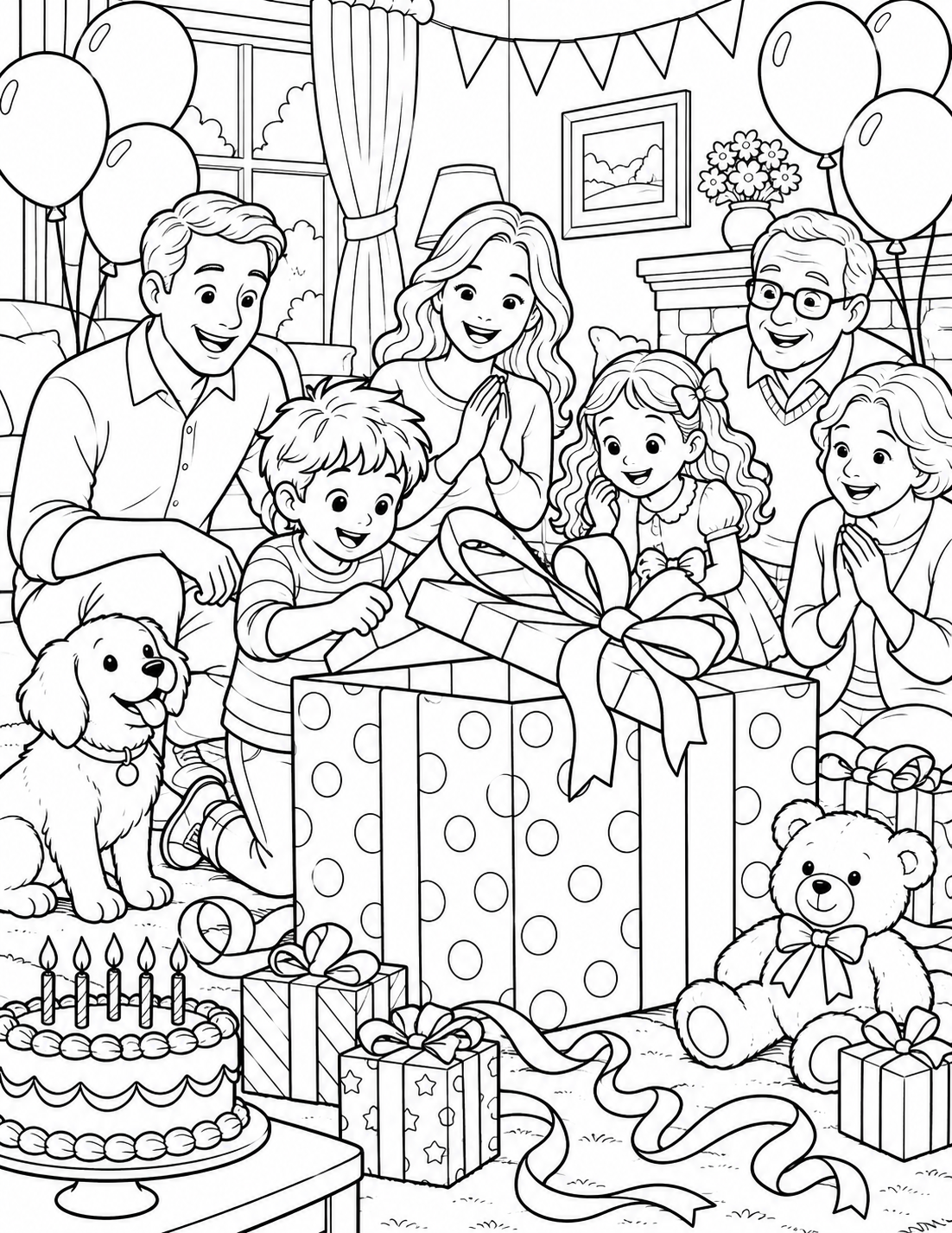 Happy birthday coloring pages showing a child in a party hat beside cupcakes