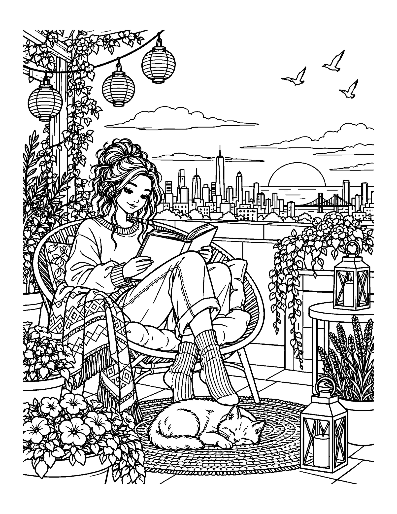 Coloring pages for teens featuring a reader in a rooftop garden