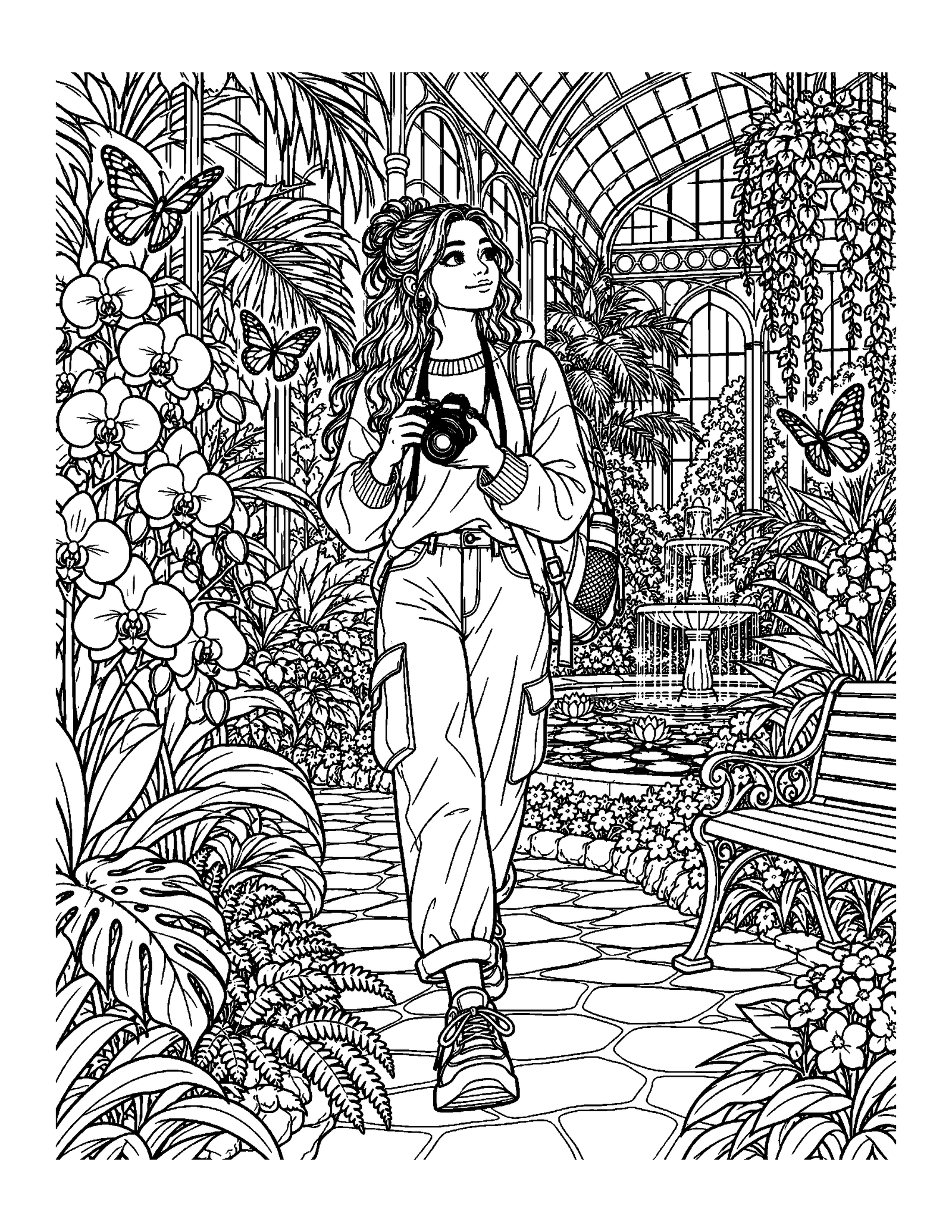 Coloring pages for teens with a young photographer in a plant conservatory