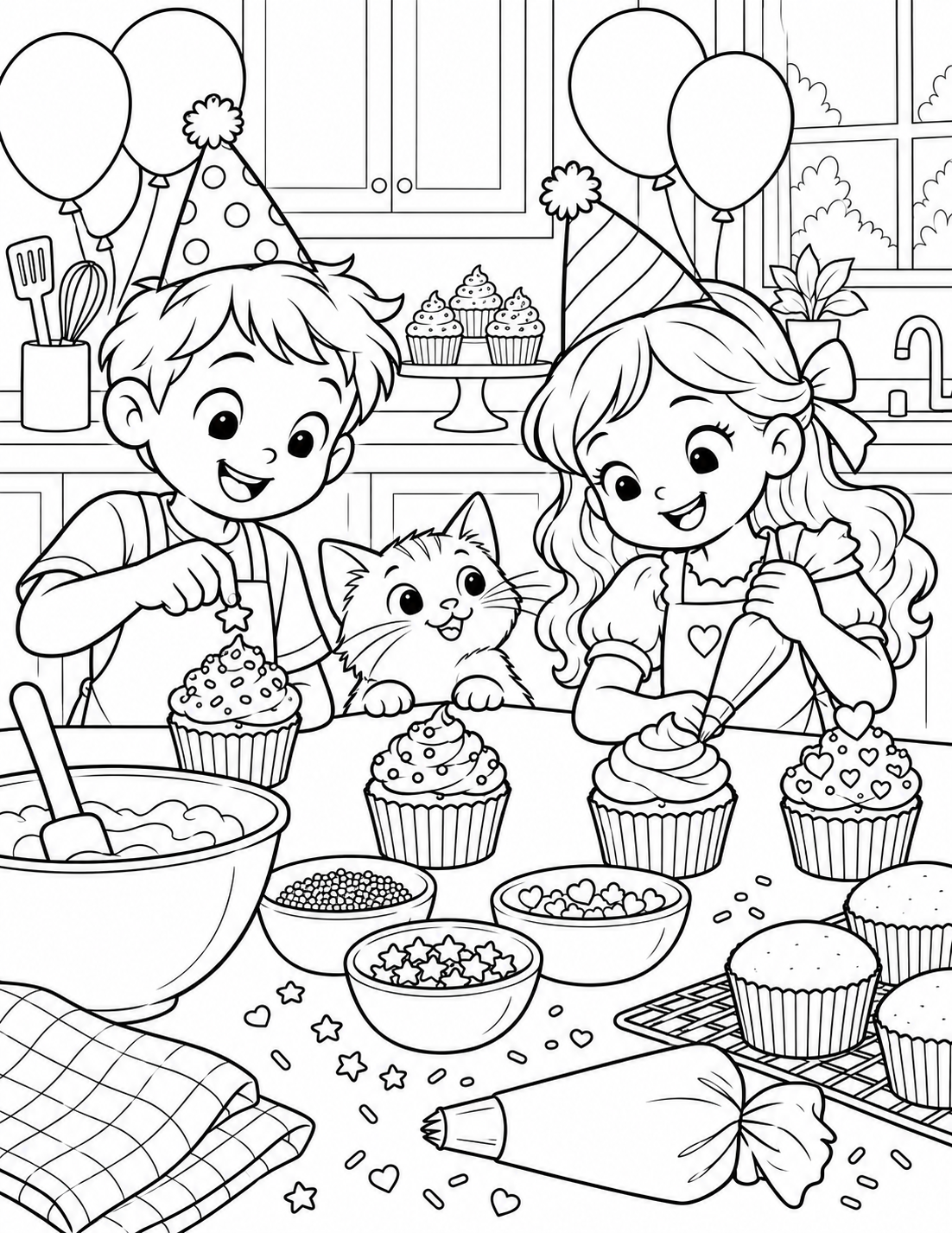 Happy birthday coloring pages featuring a child opening a large gift