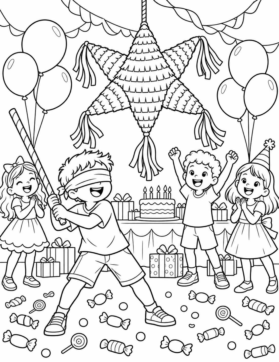 Happy birthday coloring pages with a child decorating cupcakes in a kitchen